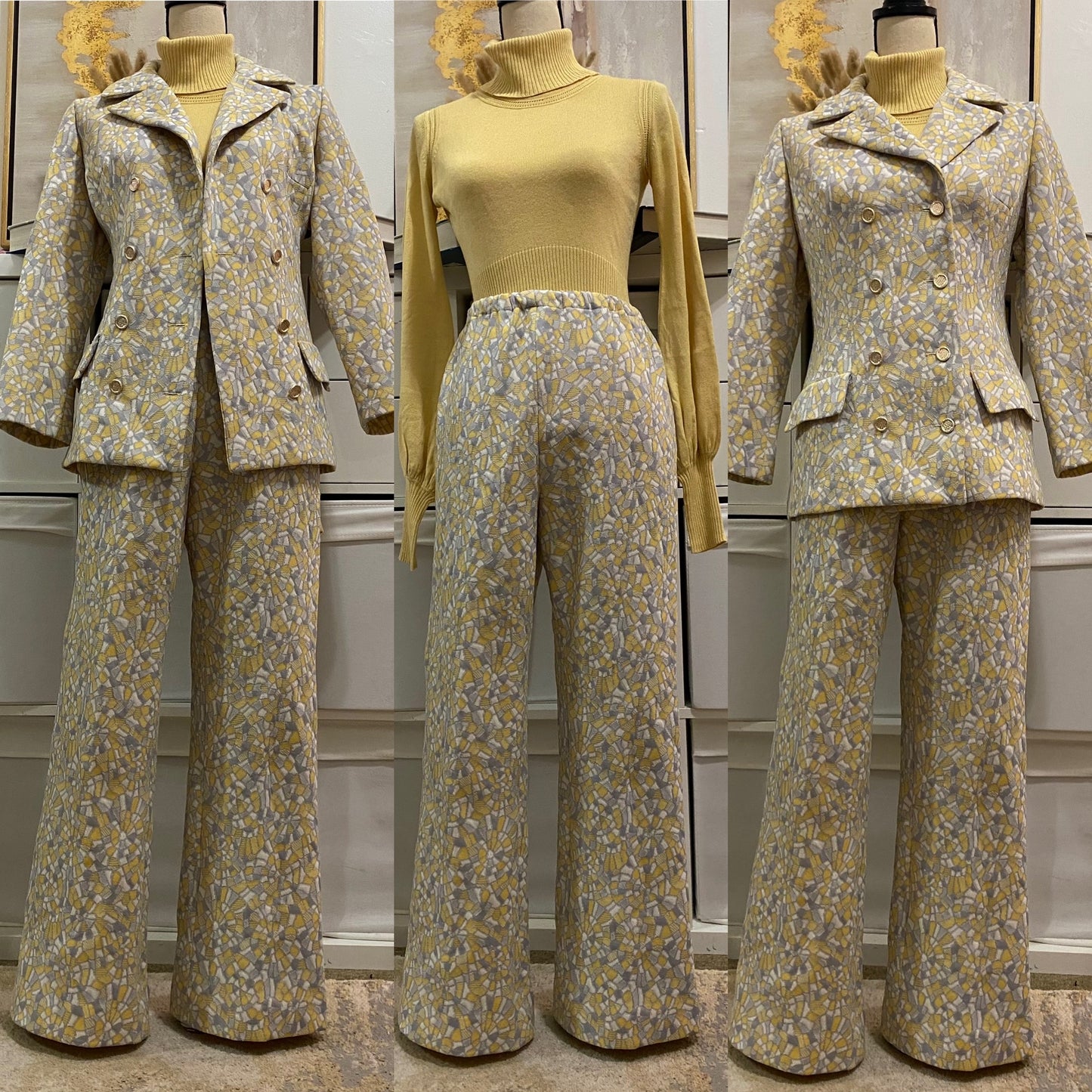 60's-70's Mosaic, Abstract 2Pc Pantsuit (M, 28"W-35"W) w/ Double Breasted Jacket