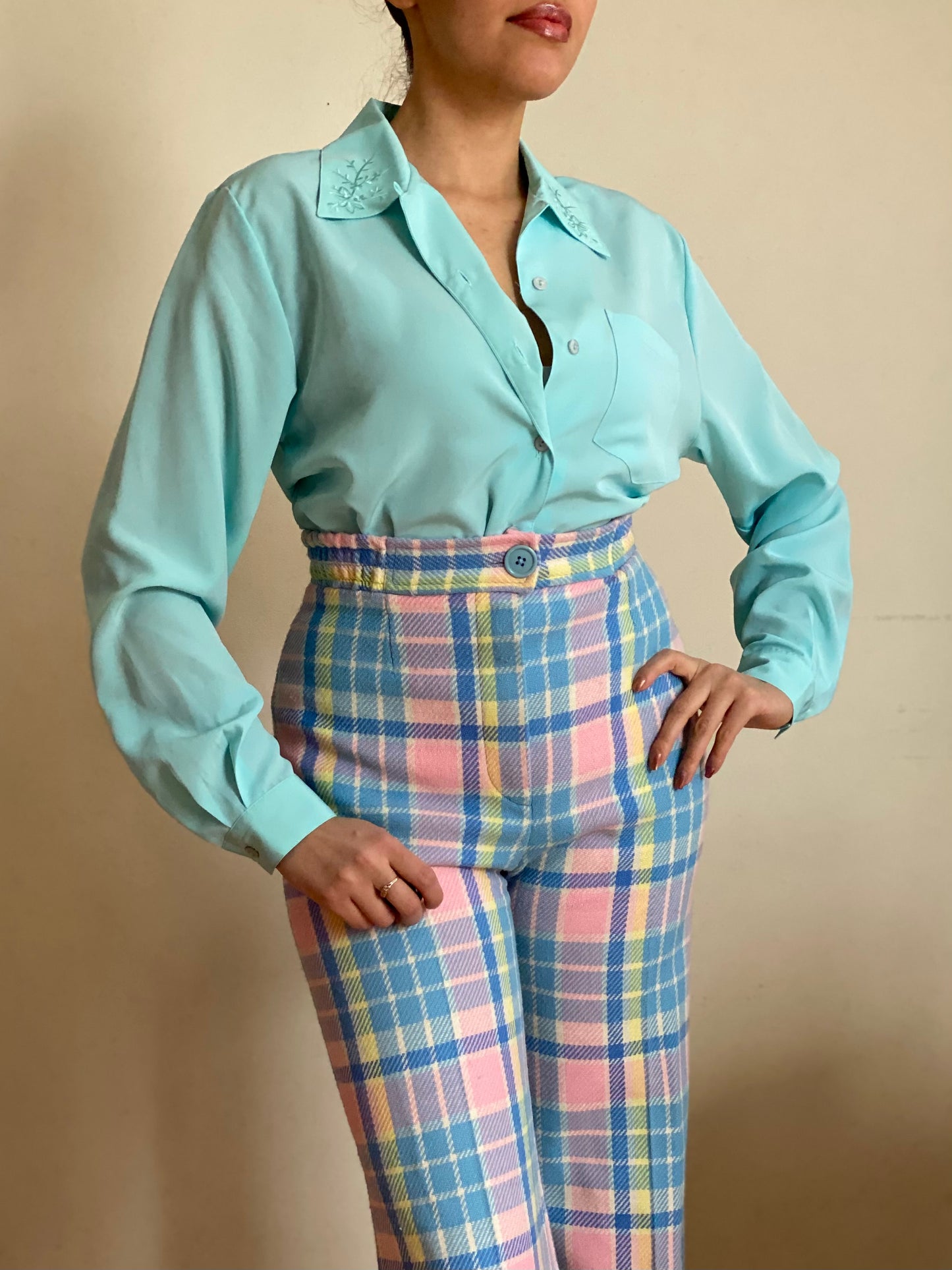 80's-90's Icy Blue Floral Collar Button Down Blouse (M)
