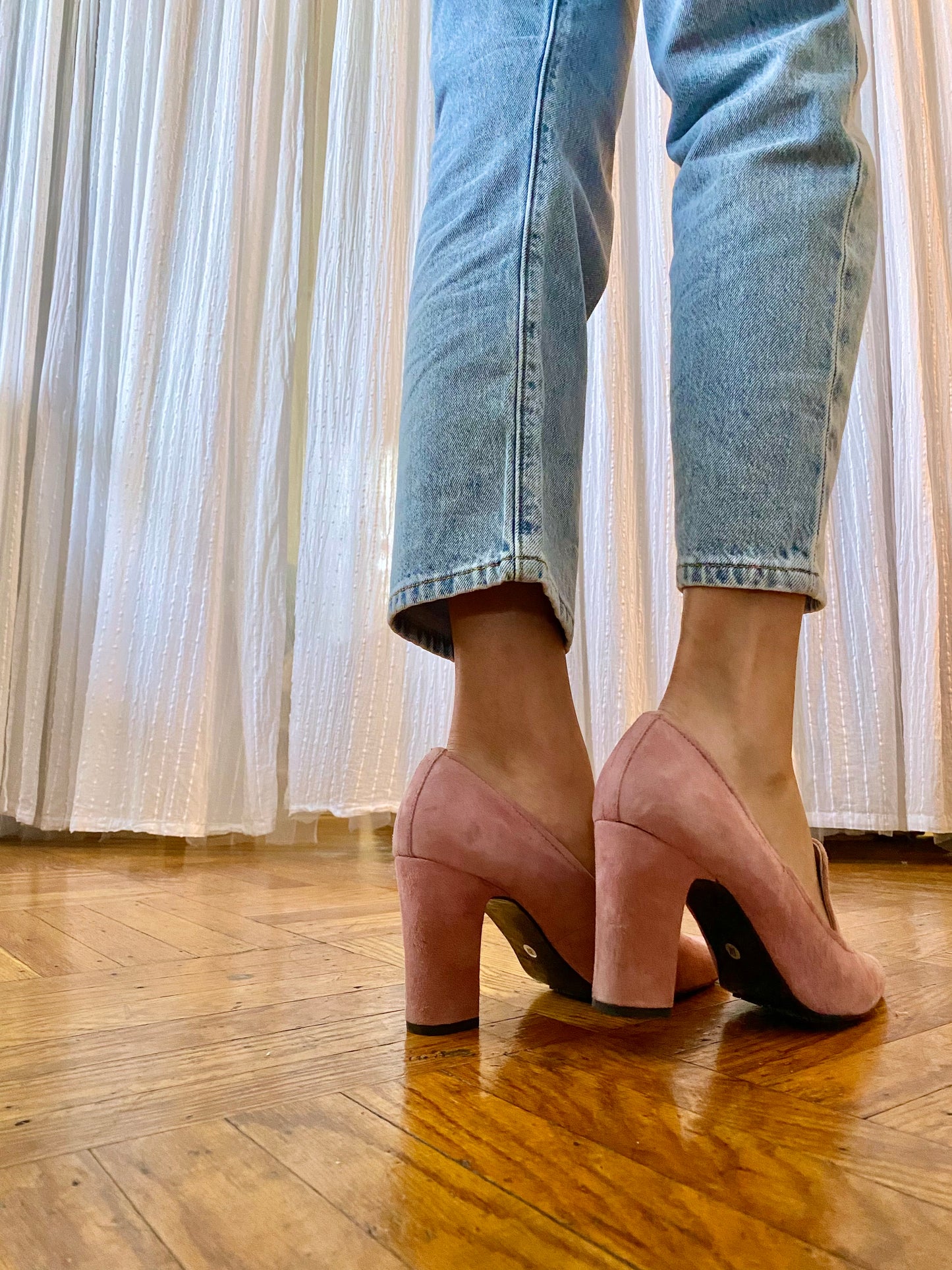 Pink Suede Block Pumps