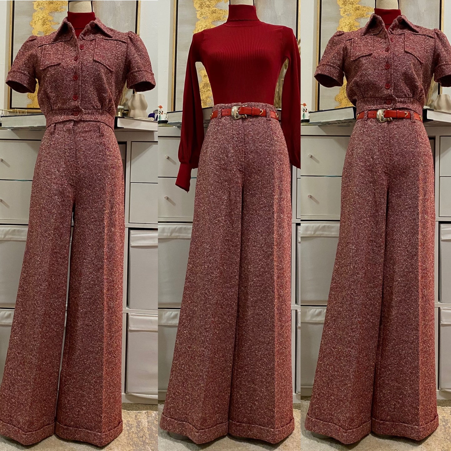 70's Cropped Jacket & Bell Bottom 2PC Pantsuit (S, 27"W) Wool blend.