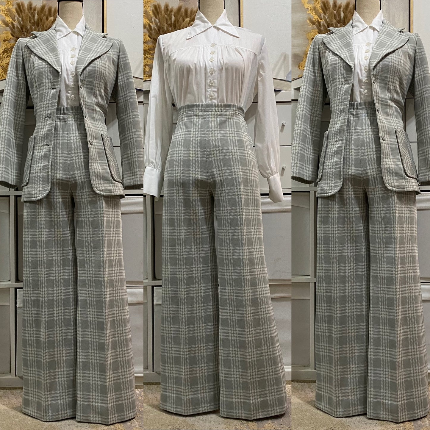 70's Plaid Houndstooth 2PC Wide Leg Pantsuit (S-M)