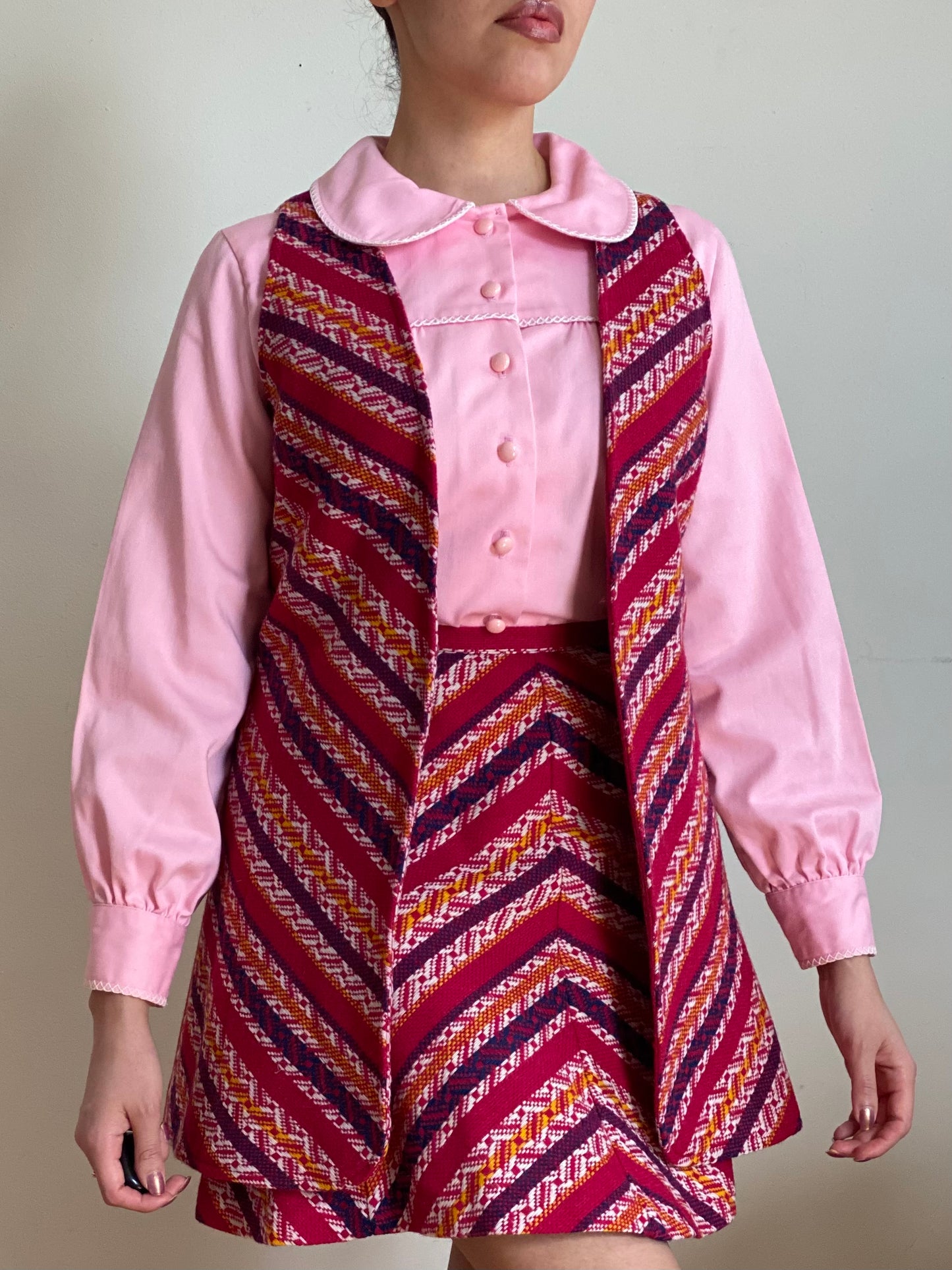 70's Bubblegum Pink Peter Pan Collar Puffy Sleeve Blouse (S-M)