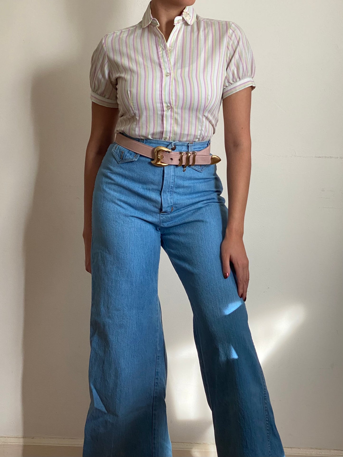 70's Striped Mini Puff Sleeve Top (XS)