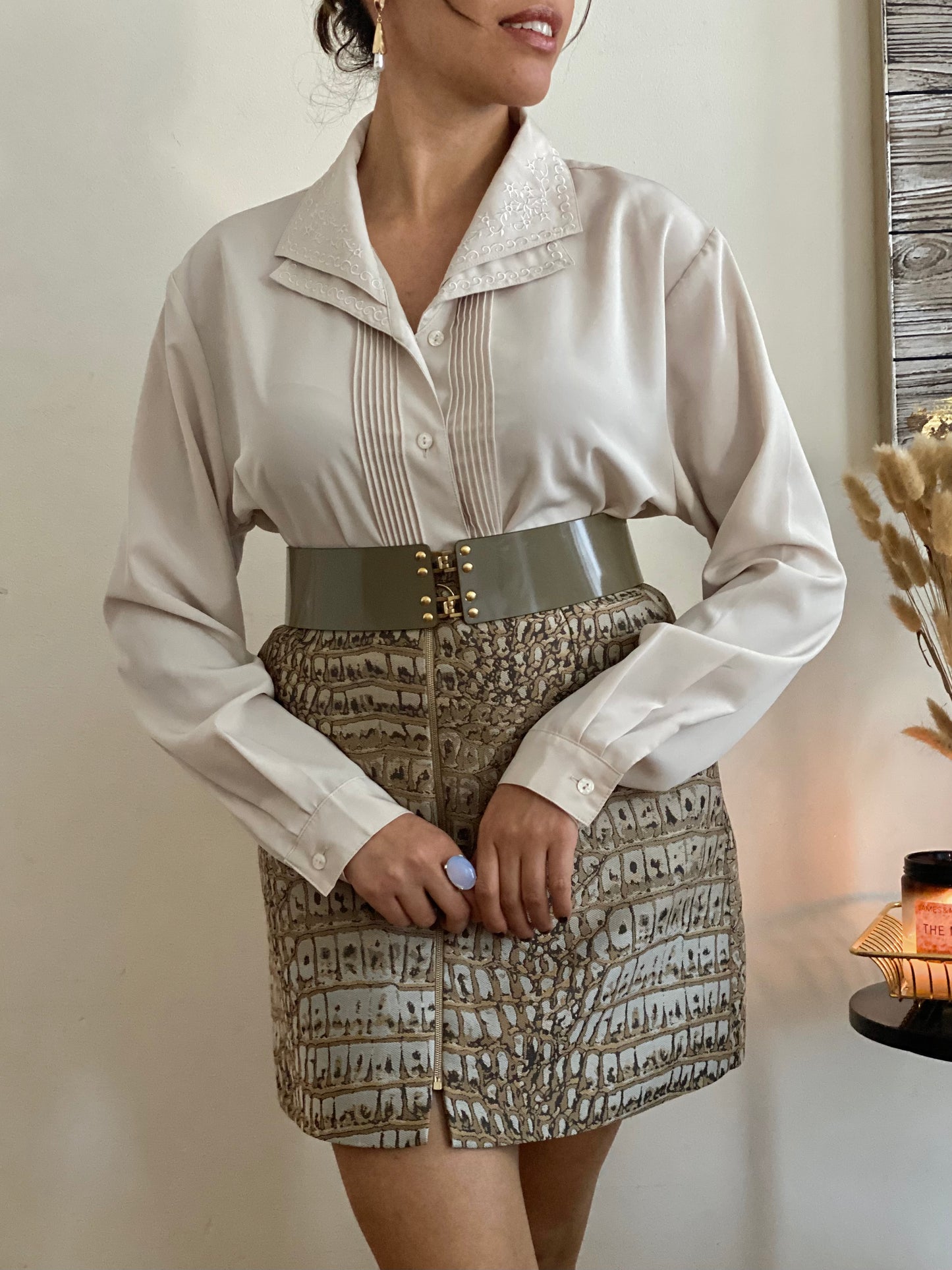 Floral Trim Tuxedo Style Collar Blouse