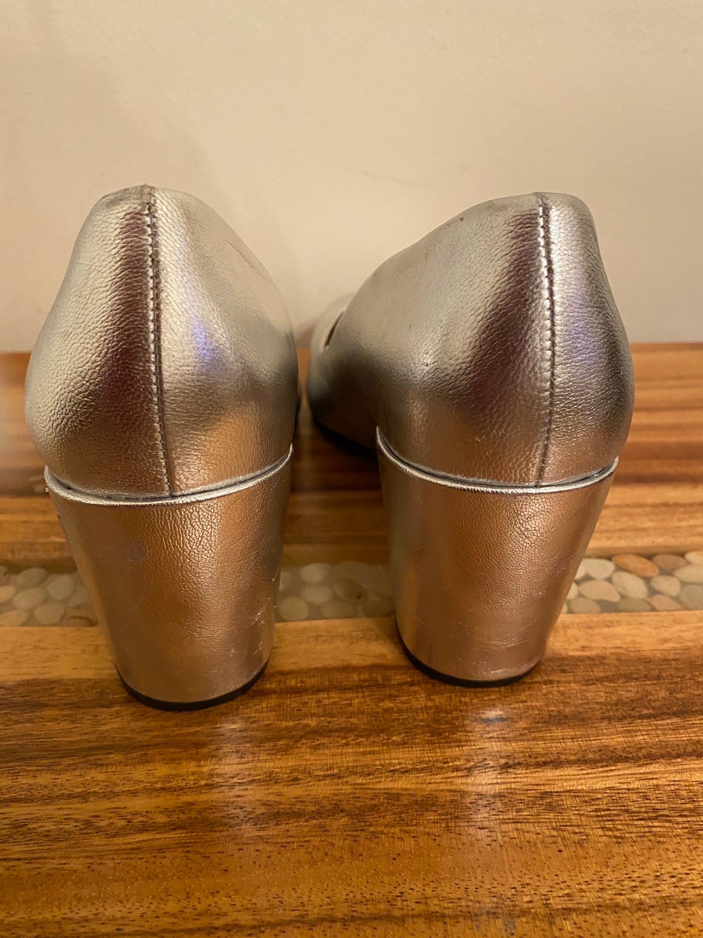 Silver Square Toe Block Heel Pumps