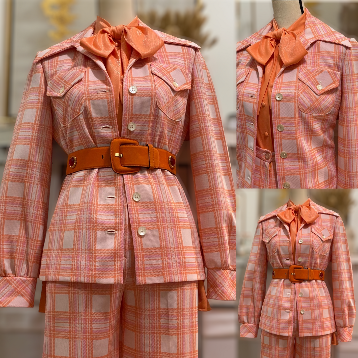 70's Pink-Peach Plaid Bell Bottom 2pc Pantsuit (XS-S)