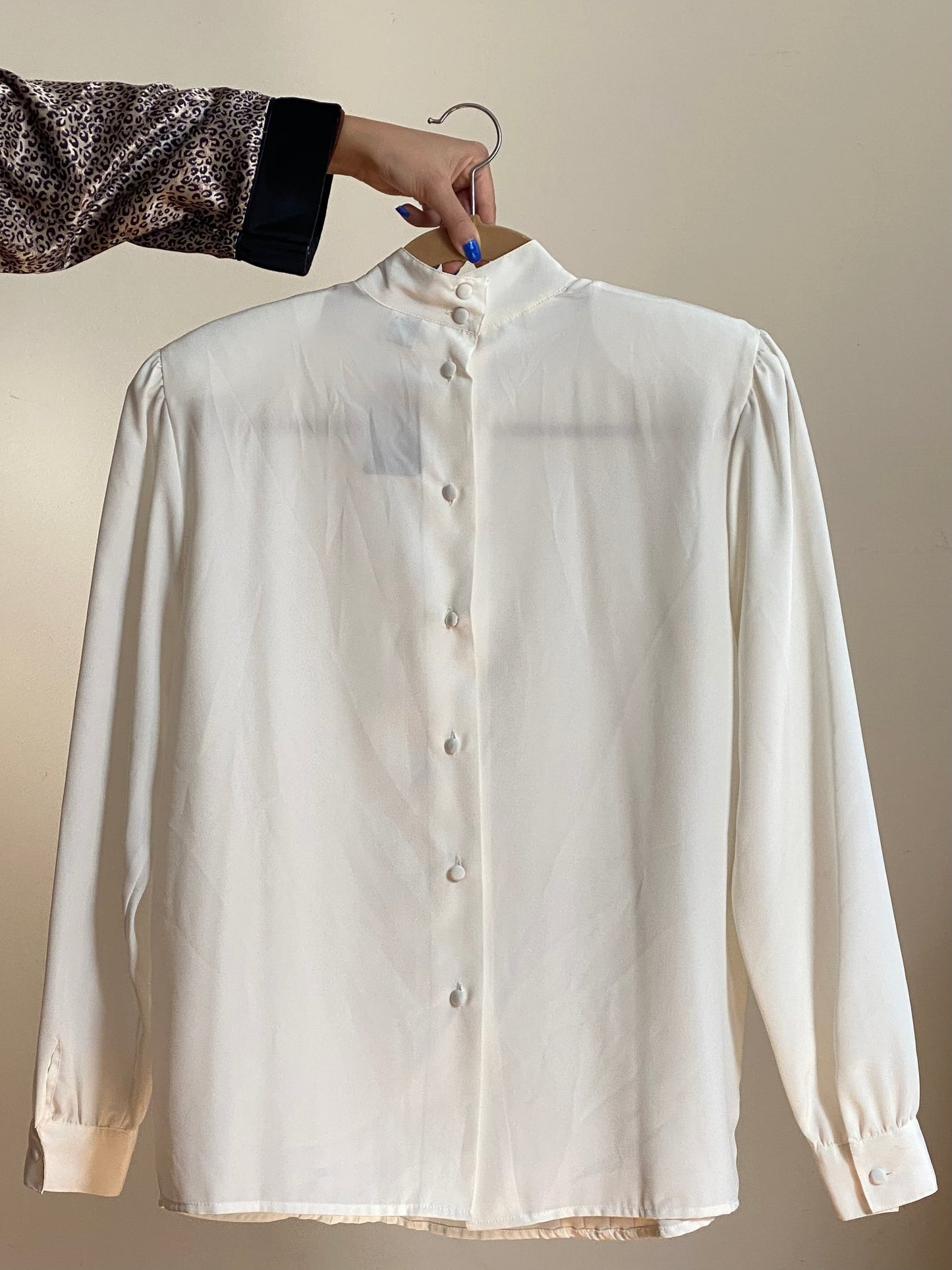 80'S White Pleated Lace Mandarin Collar Blouse (S-M)