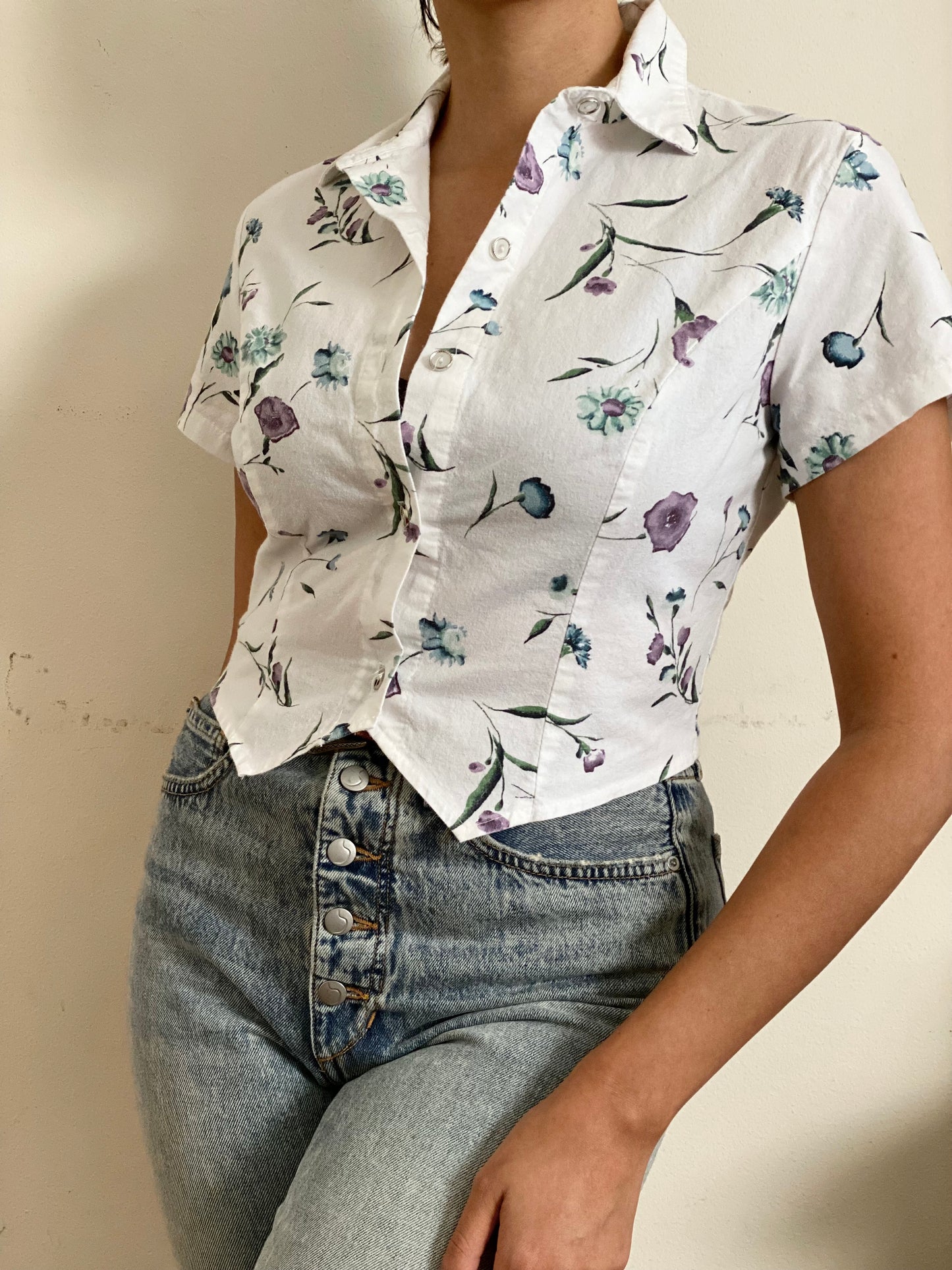 Watercolor Floral Cropped Short Sleeve Top  (S)