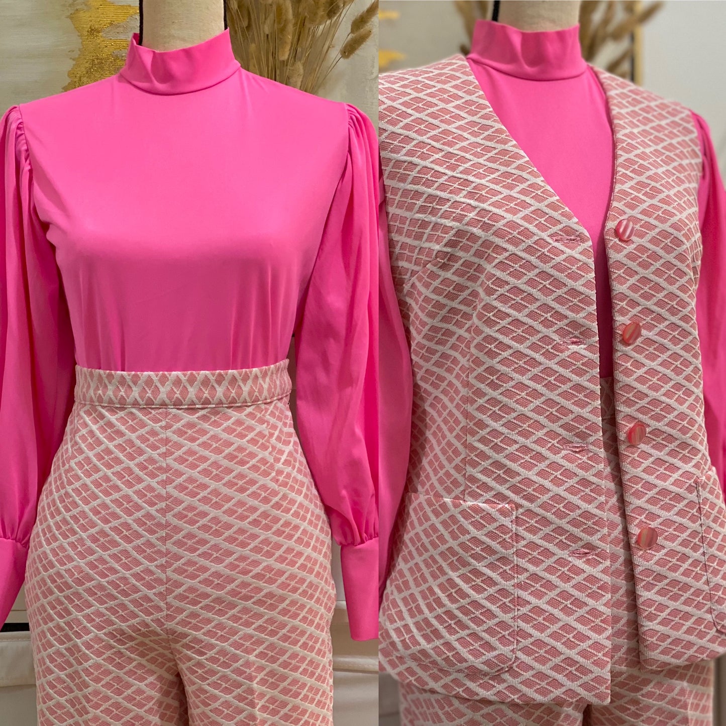70's Pink 2-Piece Set - Sleeveless Vest & Wide Leg Bell Bottoms Pantsuit (S-M)