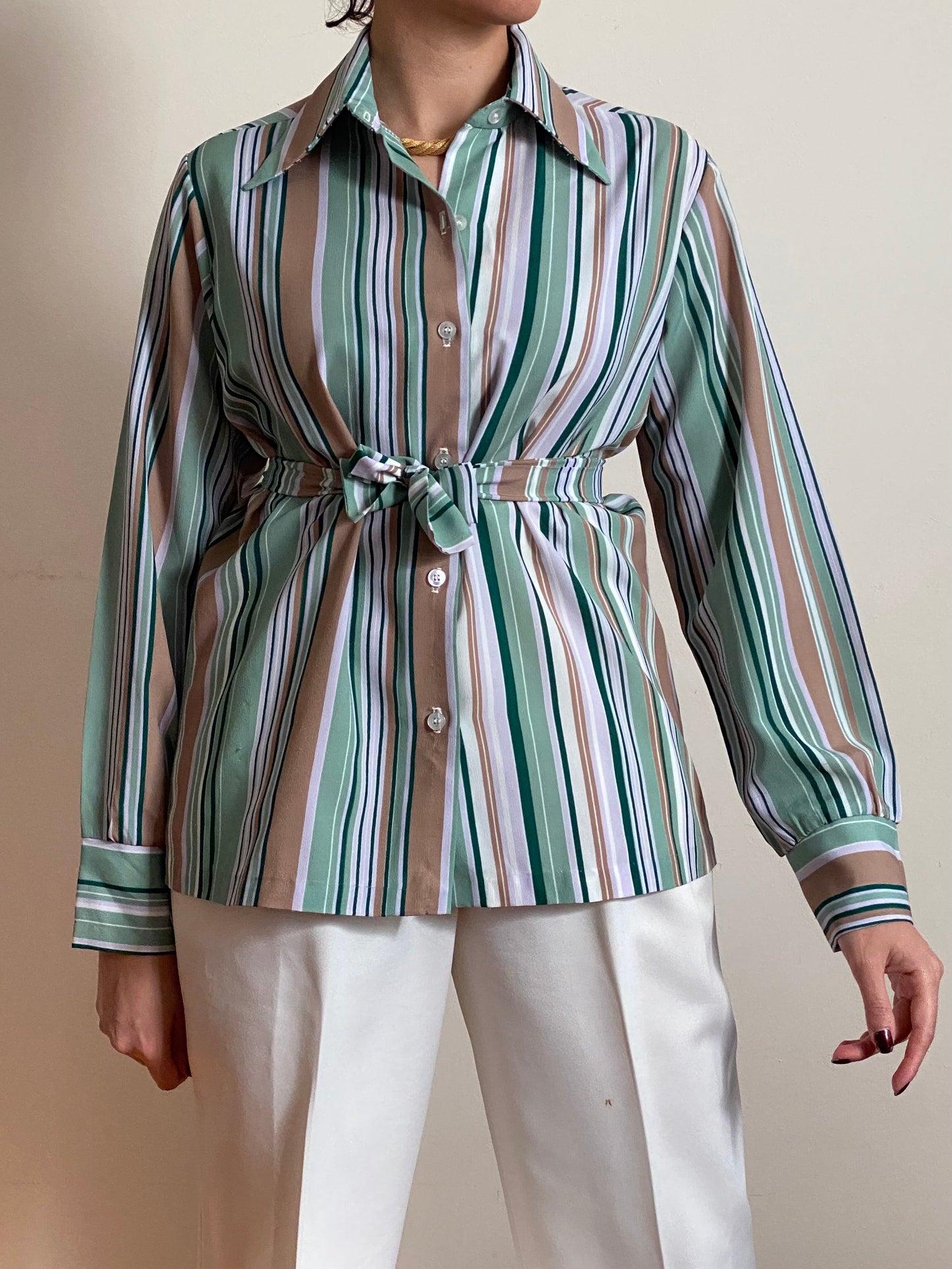 70's Striped Long Sleeve Button Up Blouse (M)