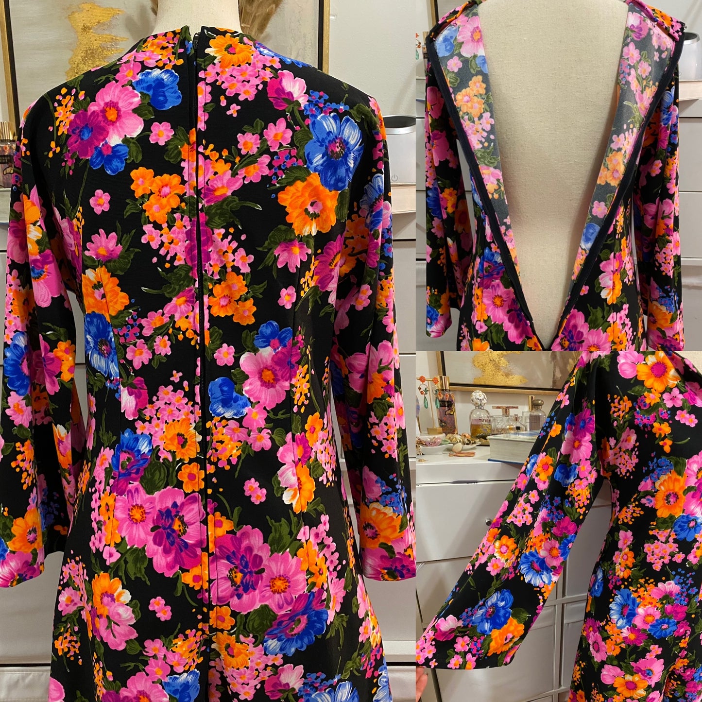 60s 70s Floral Wide Leg Bell Sleeves Jumpsuit (L)