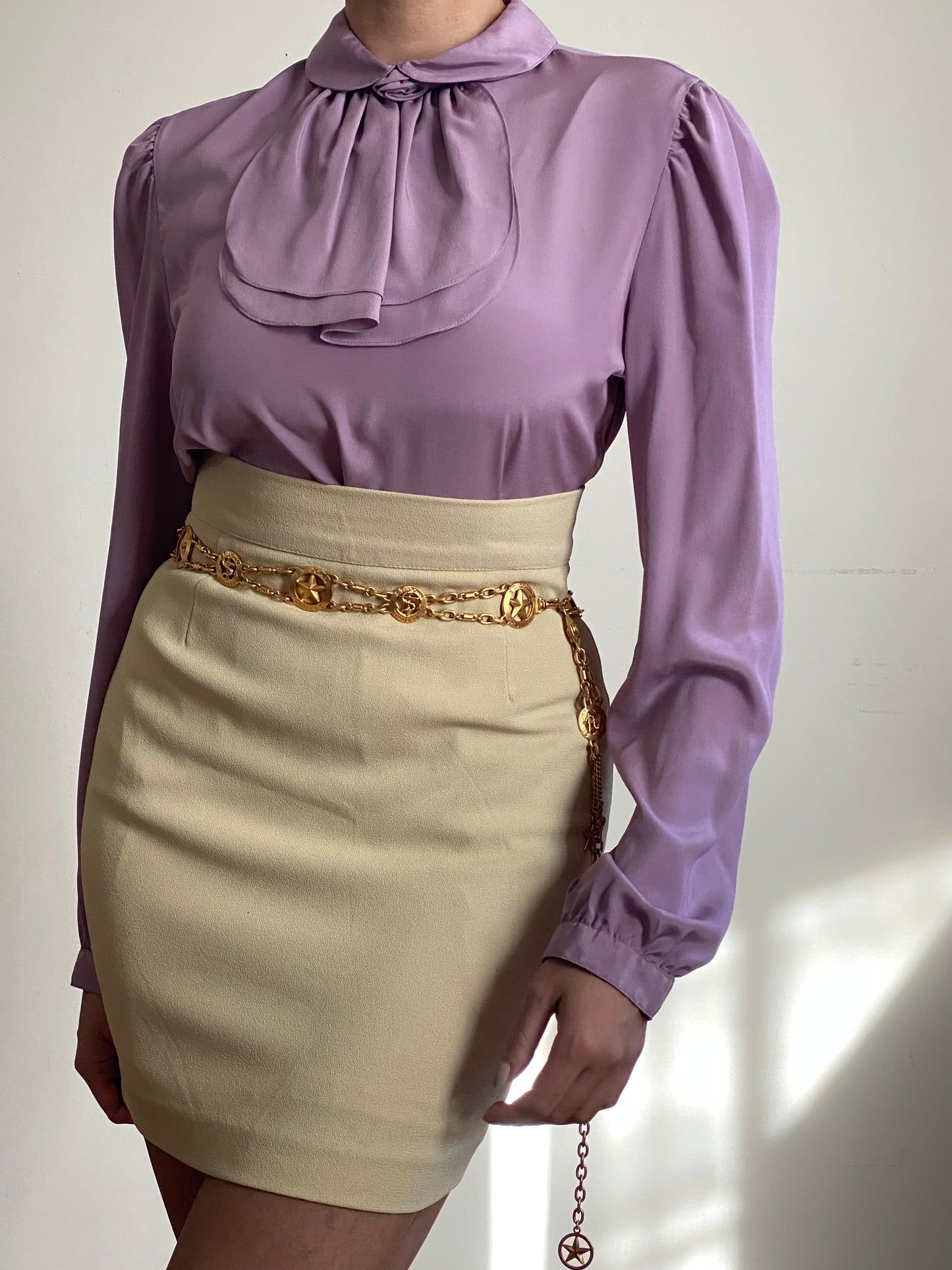 70's Jabot/Ascot Bow Long Sleeve Blouse (S)