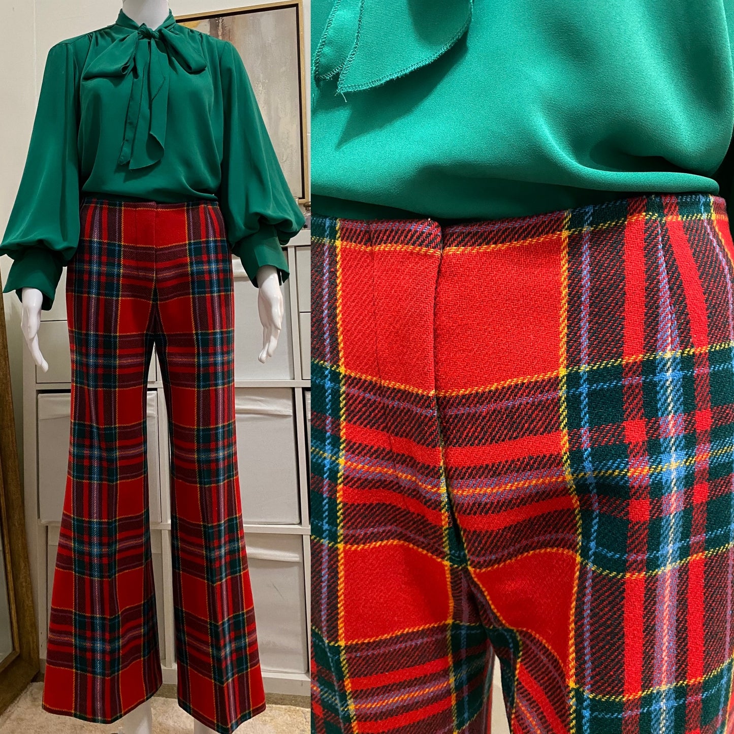 60's-70's Winter Plaid 2Pc Vest Pantsuit (S-M, 28"W)