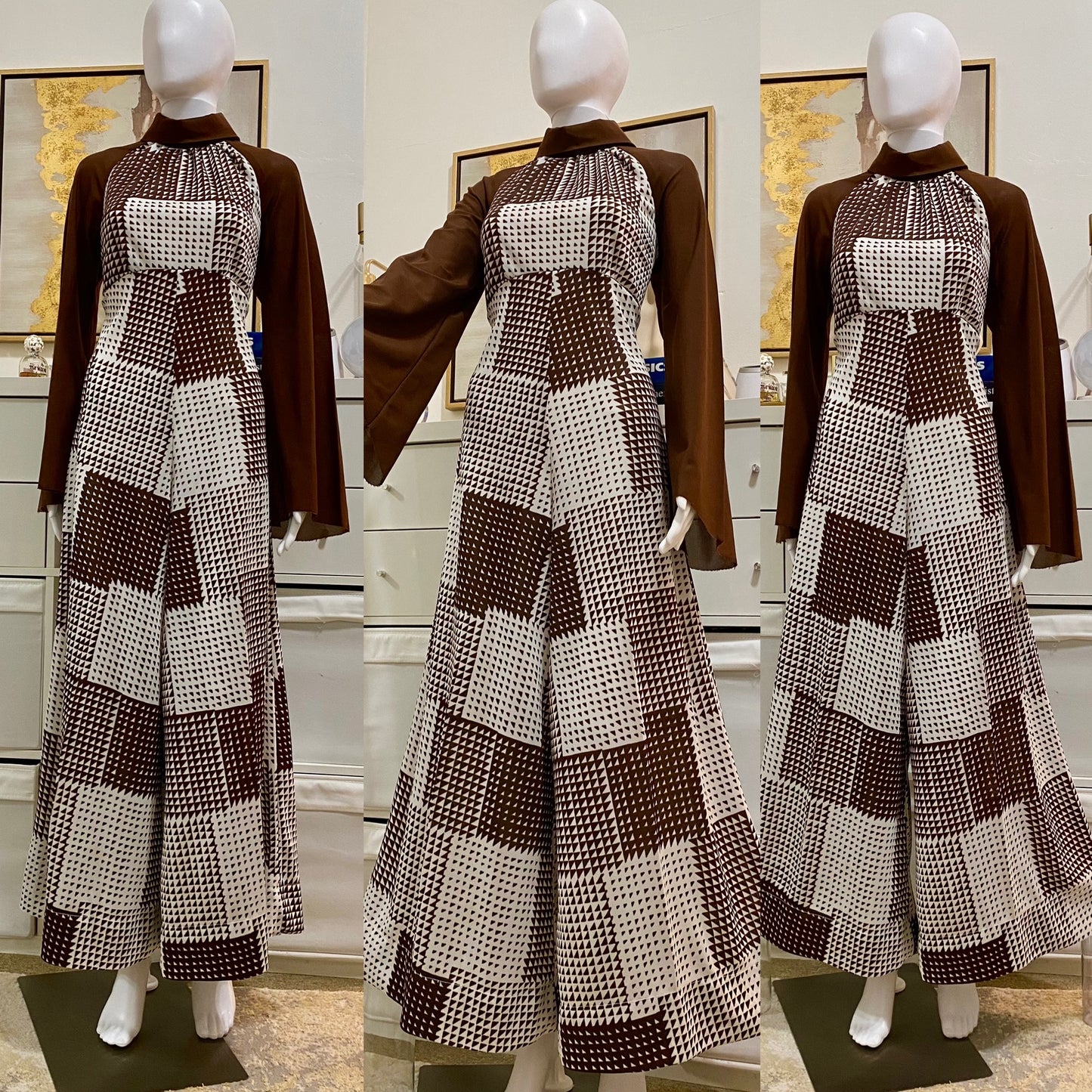 70's Brown Patchwork Mesh Bell Bottom Jumpsuit (M-L)