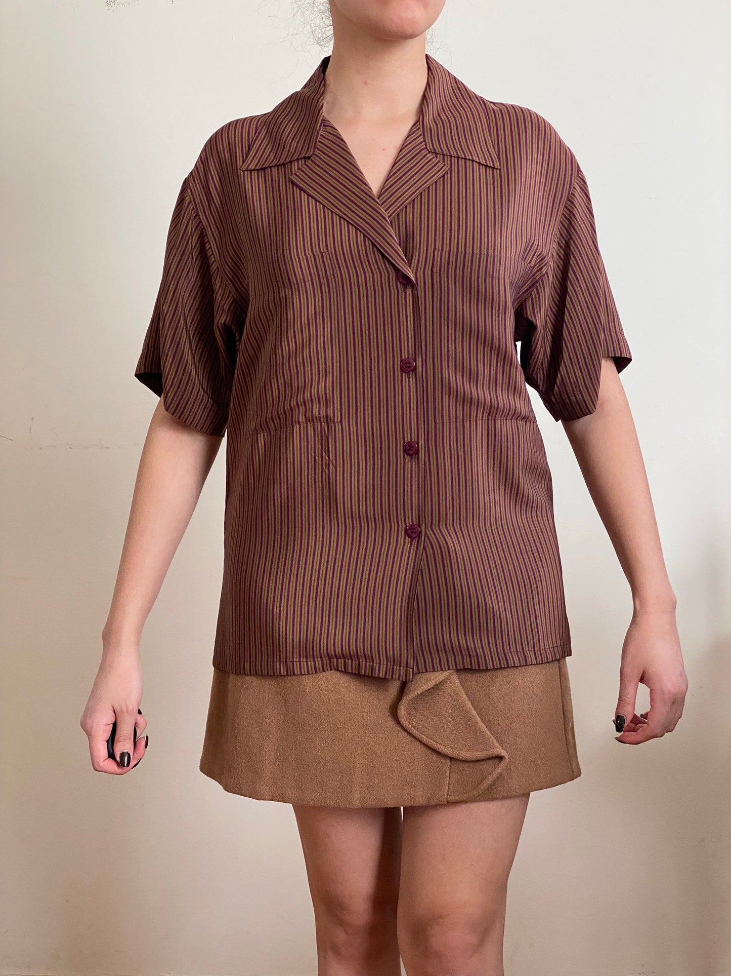 Silk Striped Short Sleeve Button Down Blouse (S-M)