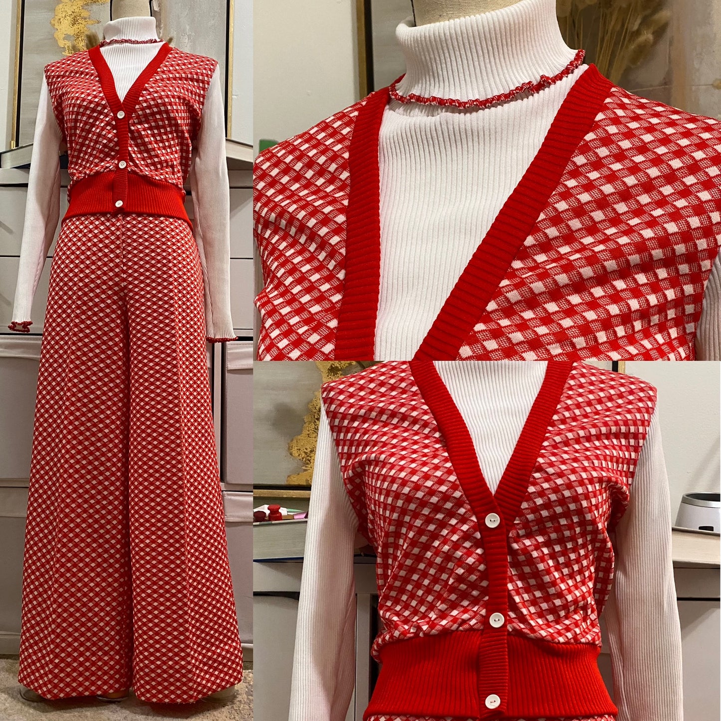 70's Cherry Gingham 2PC Turtleneck Leisure/Pantsuit (M-L, 28"-32"W)
