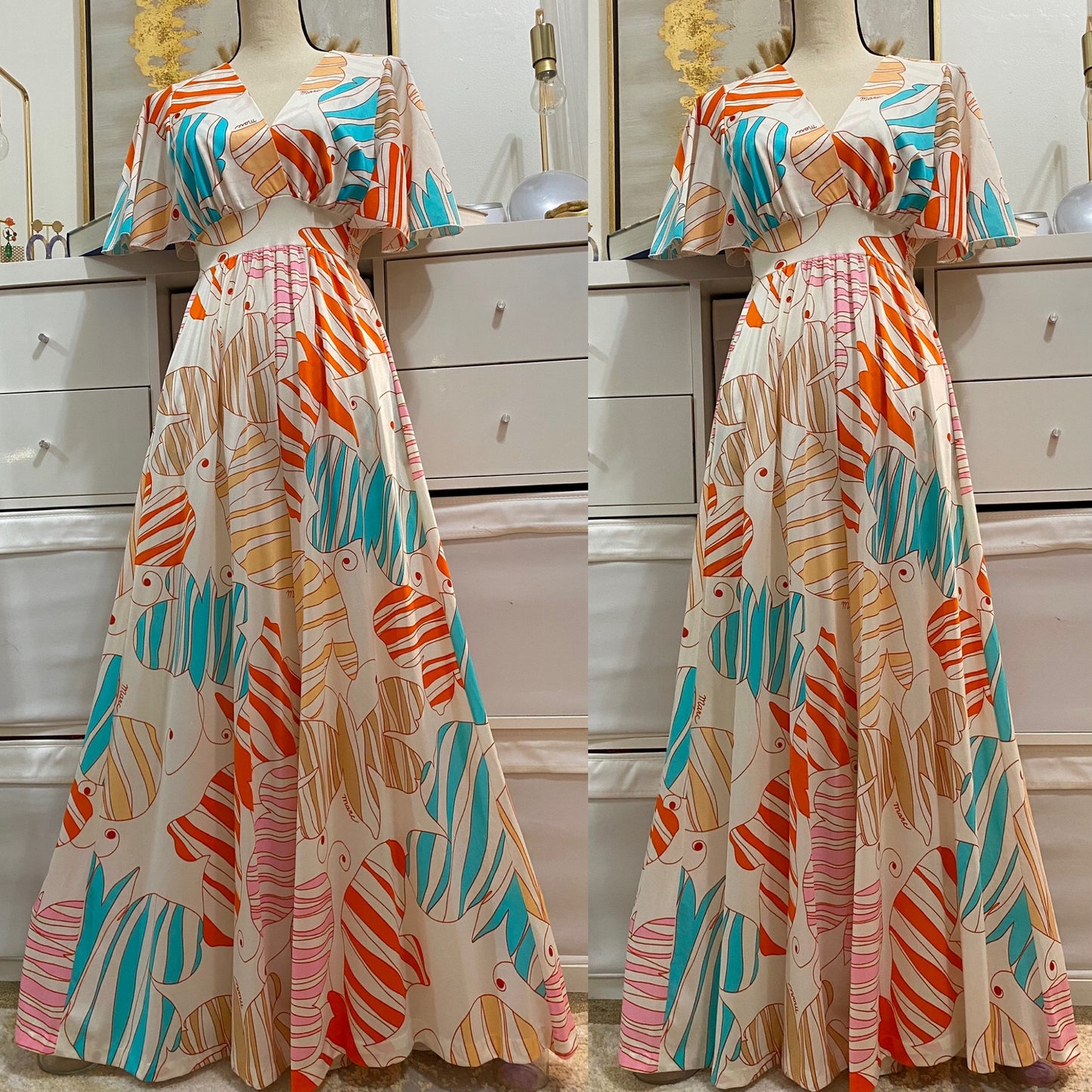 60's-70's Butterfly Print Palazzo Wide Leg Jumpsuit w/ Flutter Sleeves (S-L)