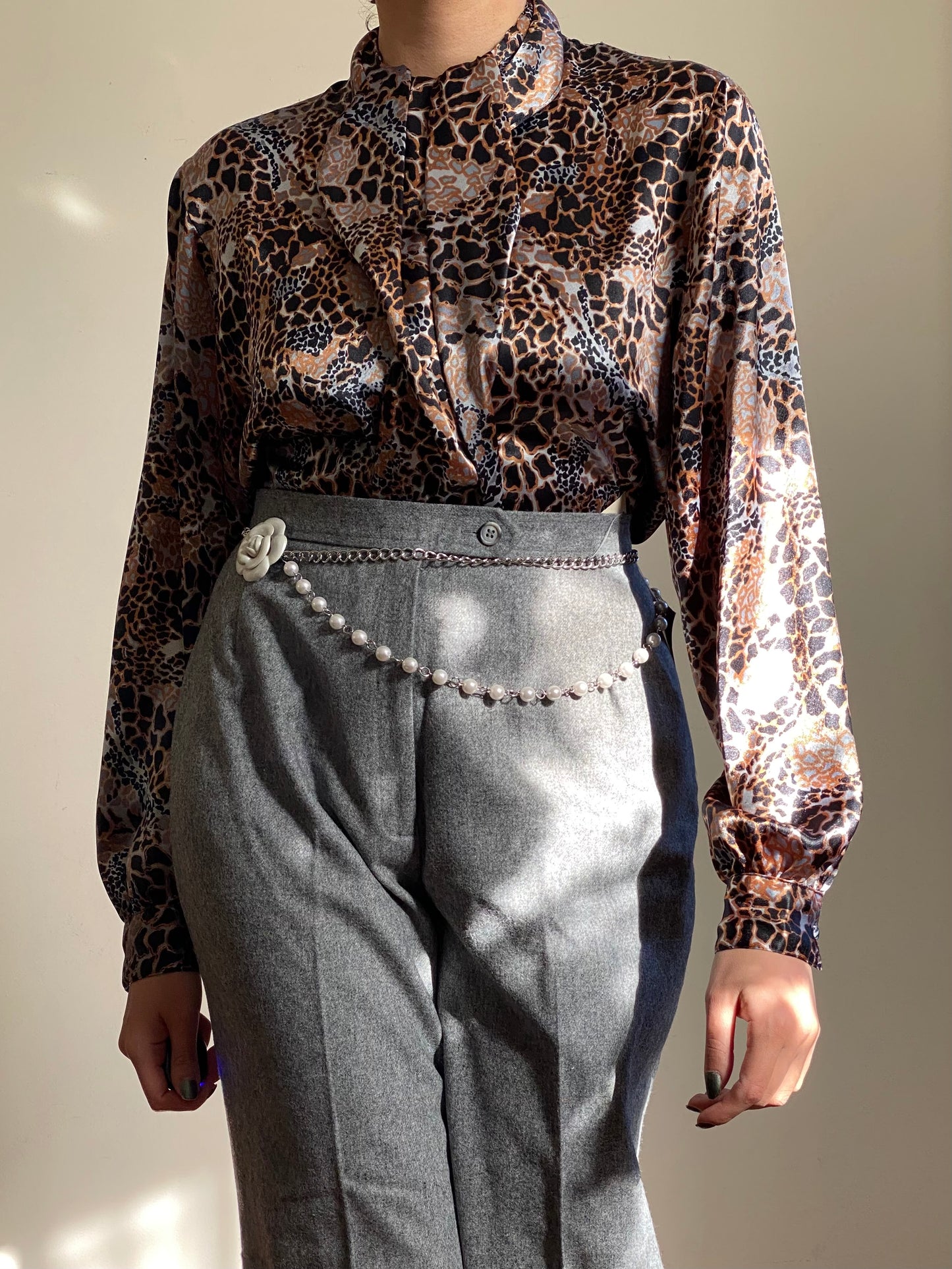 80's Animal Print Mock Neck Long Sleeve Blouse (M)