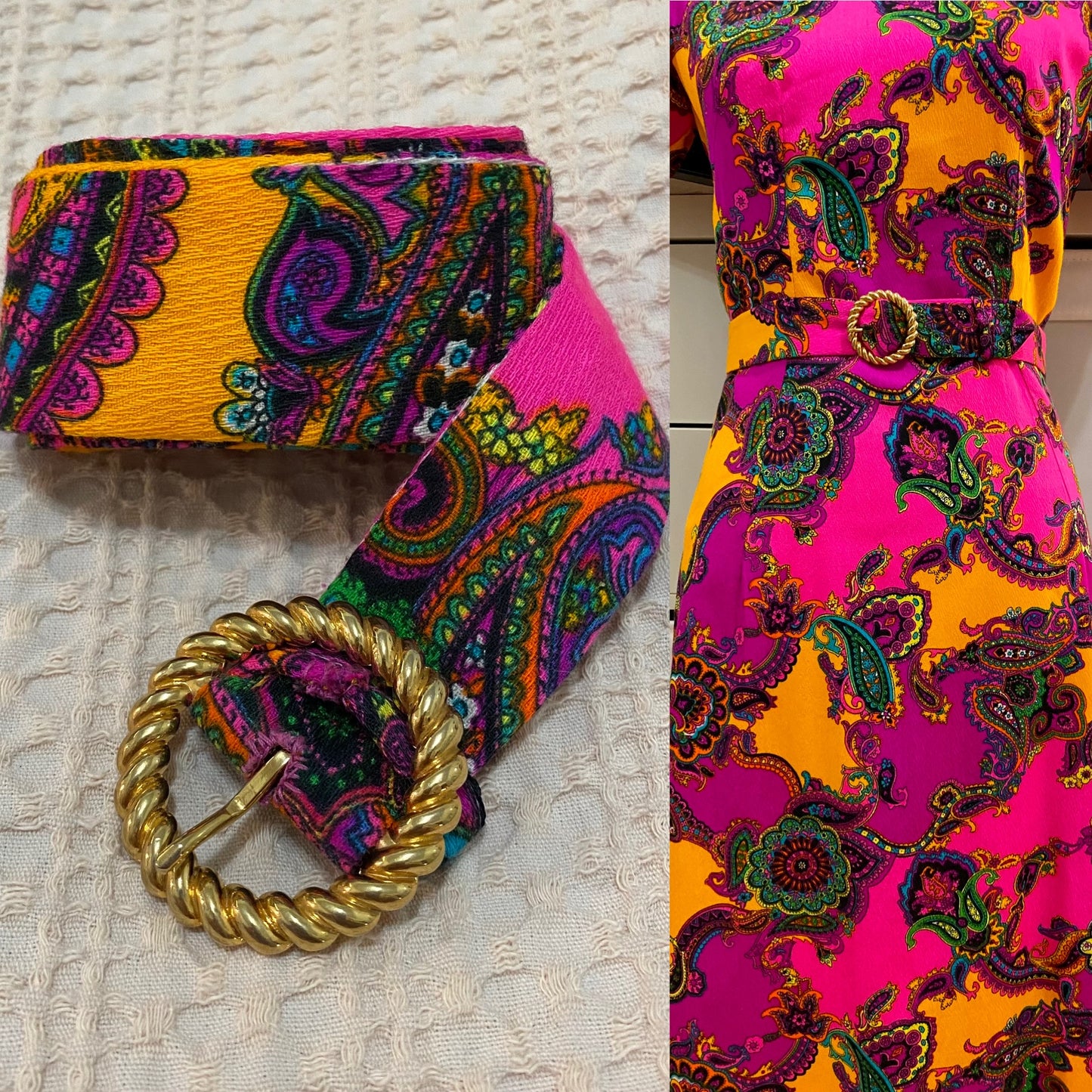 60s-70s Pink Psychedelic Ruffle Puff Sleeve Maxi Dress (S-M)
