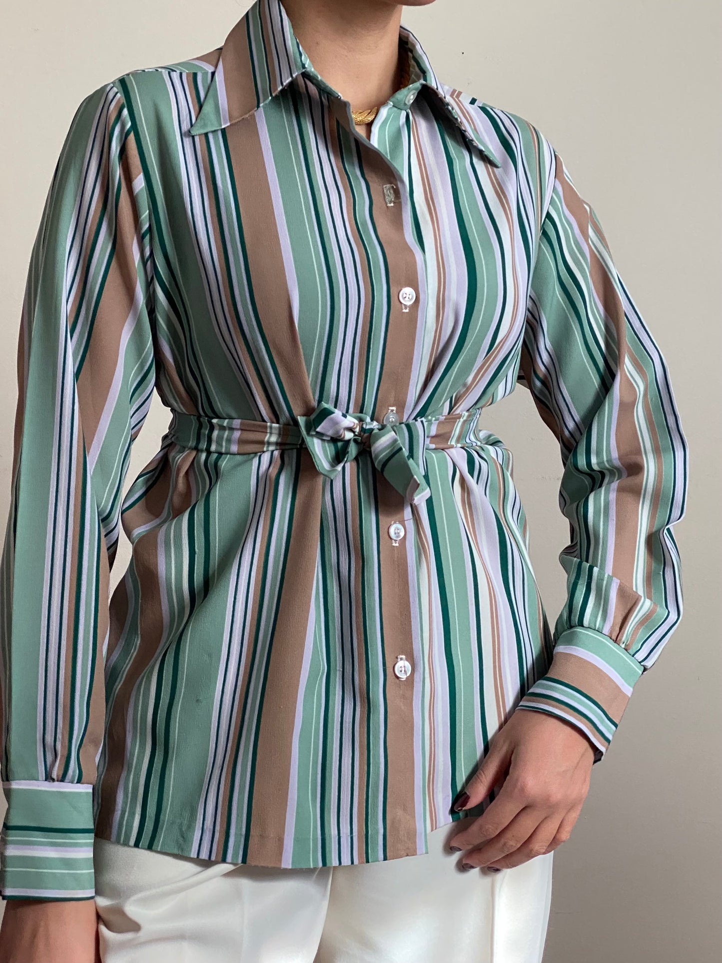 70's Striped Long Sleeve Button Up Blouse (M)