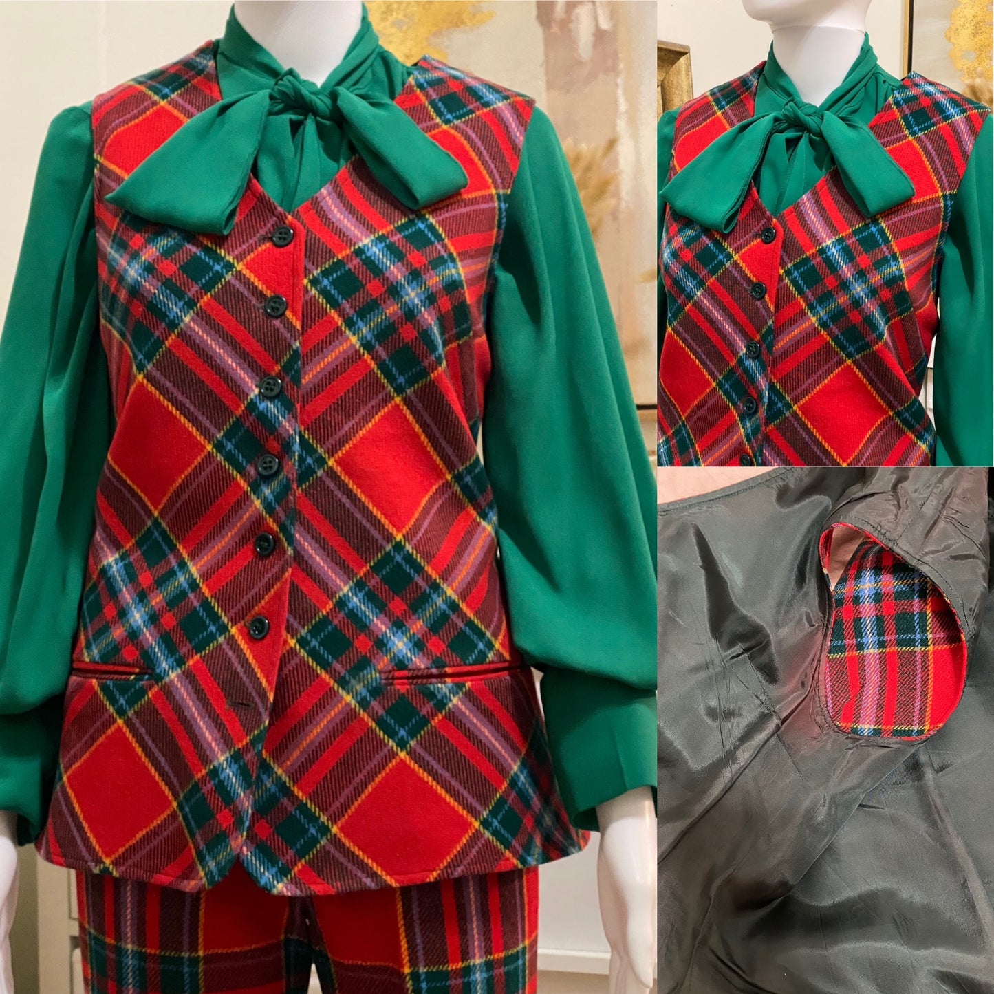 60's-70's Winter Plaid 2Pc Vest Pantsuit (S-M, 28"W)