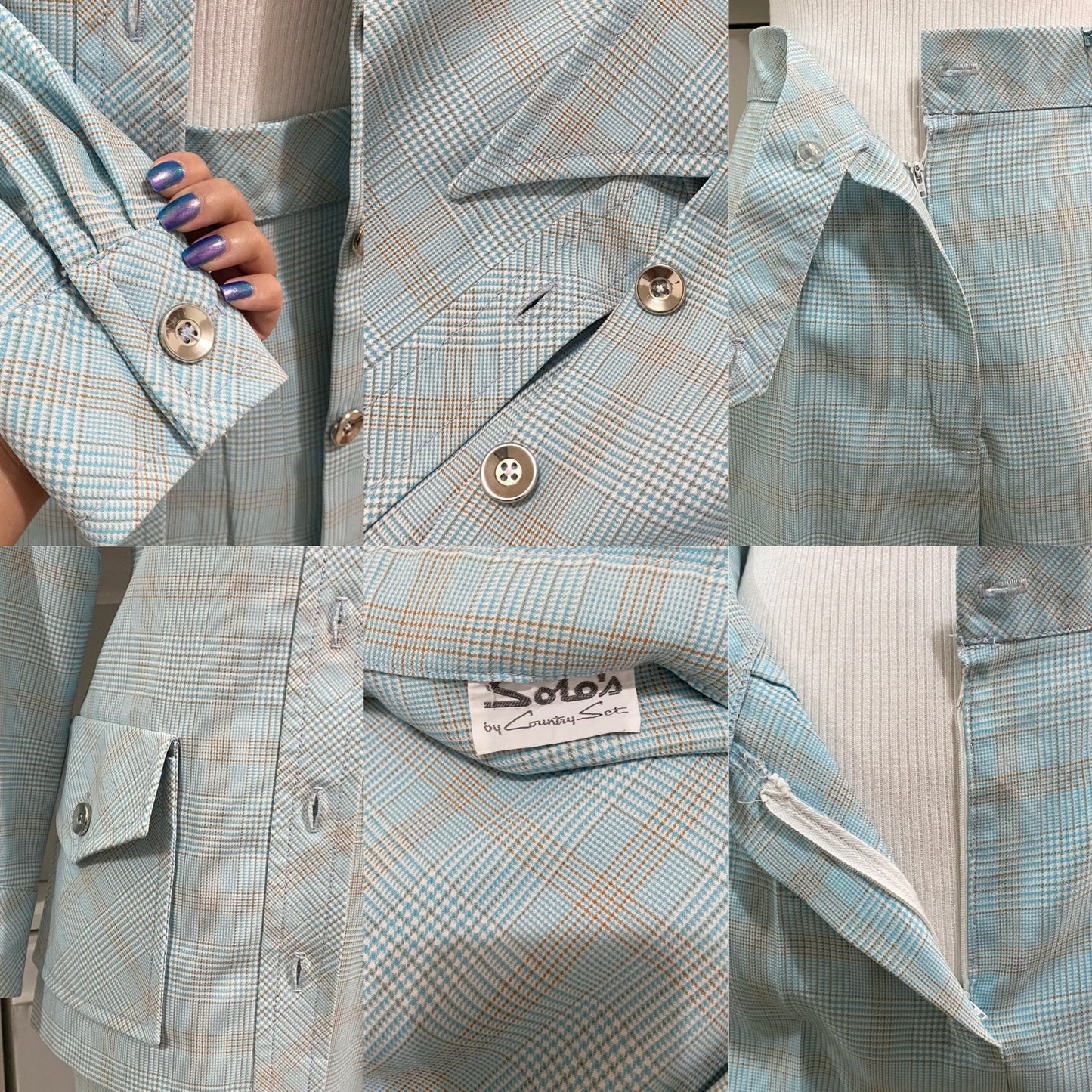 70's Blue Plaid 2Pc Bell Bottom Pantsuit (M, 29"W)