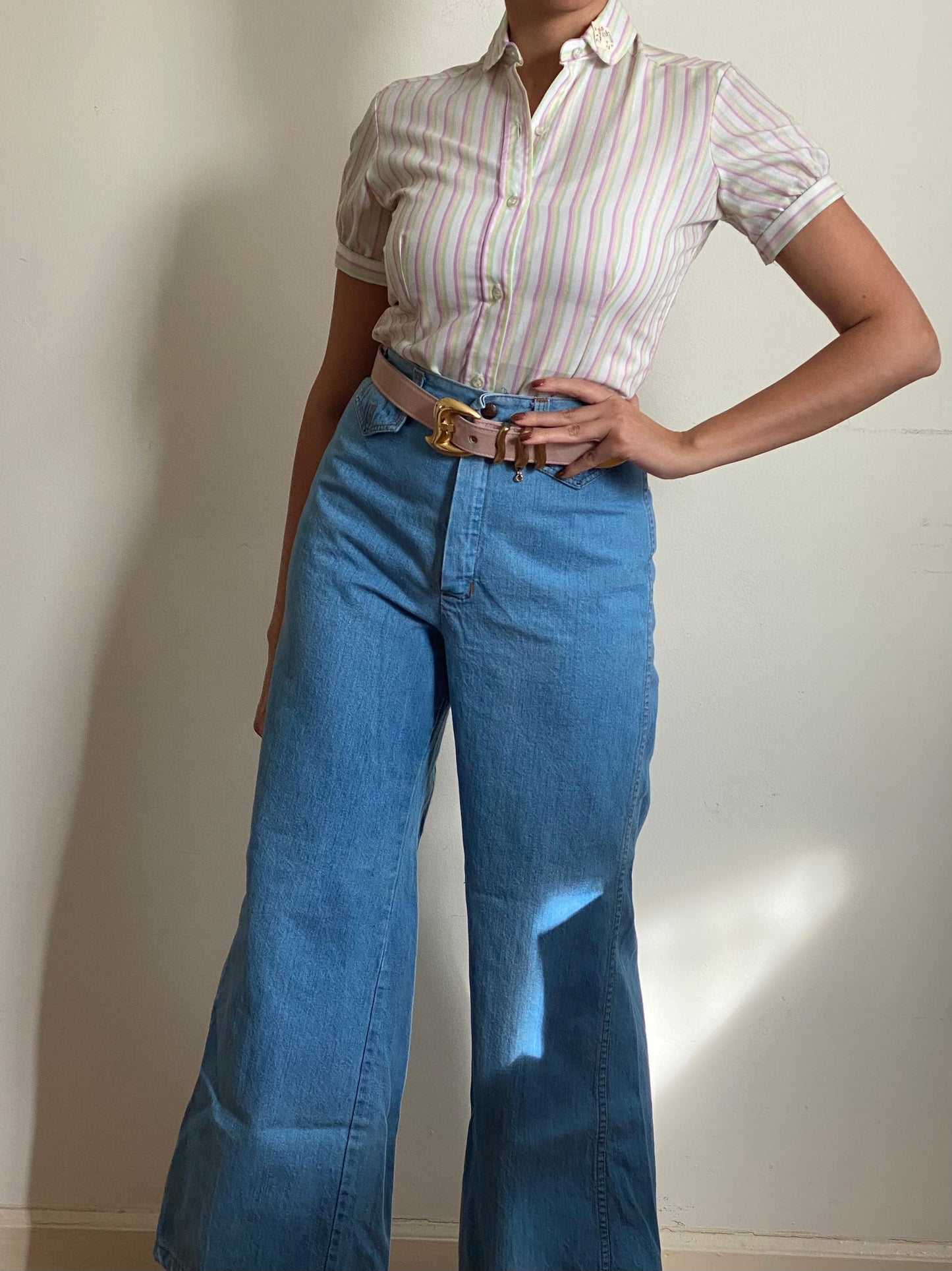 70's Striped Mini Puff Sleeve Top (XS)