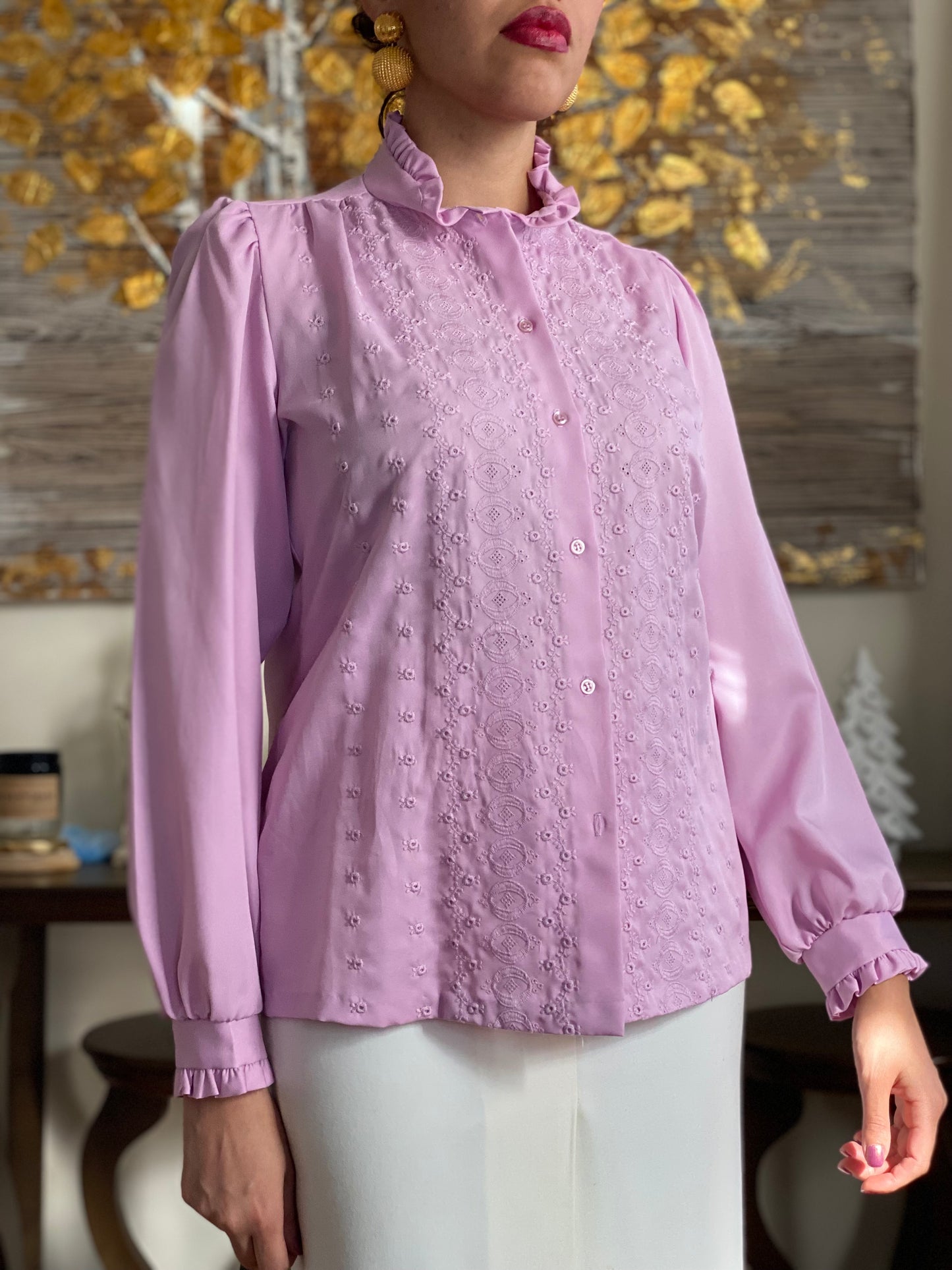 70's Ruffle Mock Collar Embroidered Top (S)