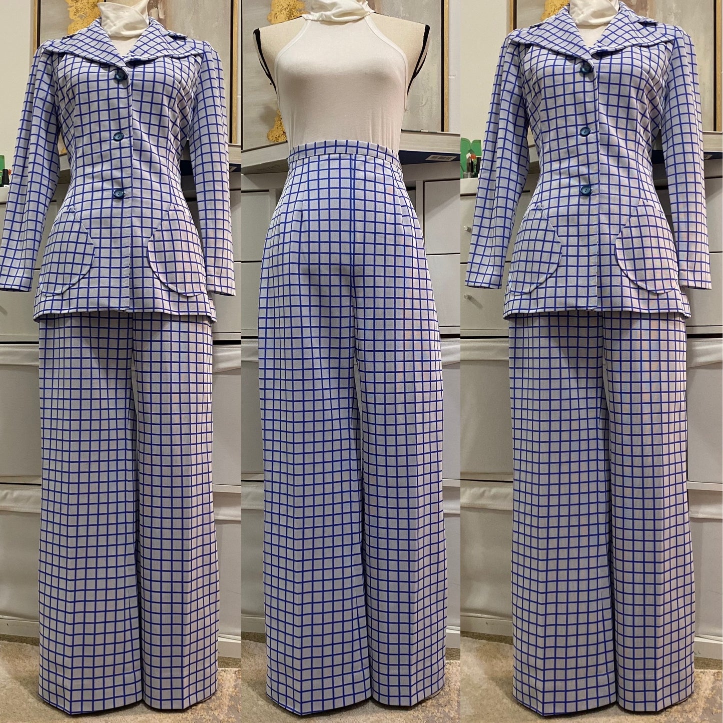 70s Windowpane 2PC Pantsuit (XS, 25"W)