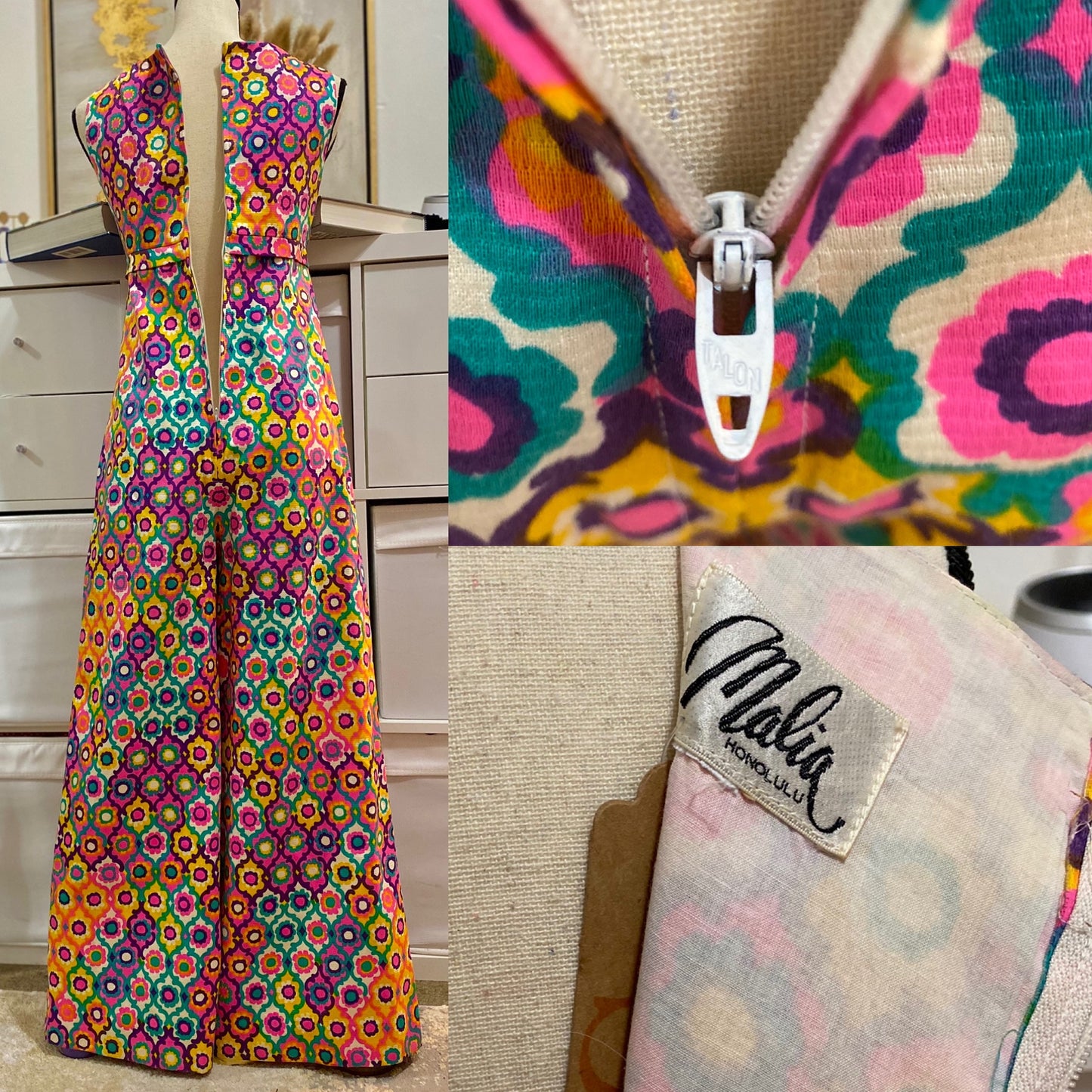 60s-70s Rainbow Flower Power Wide Leg Jumpsuit (S)