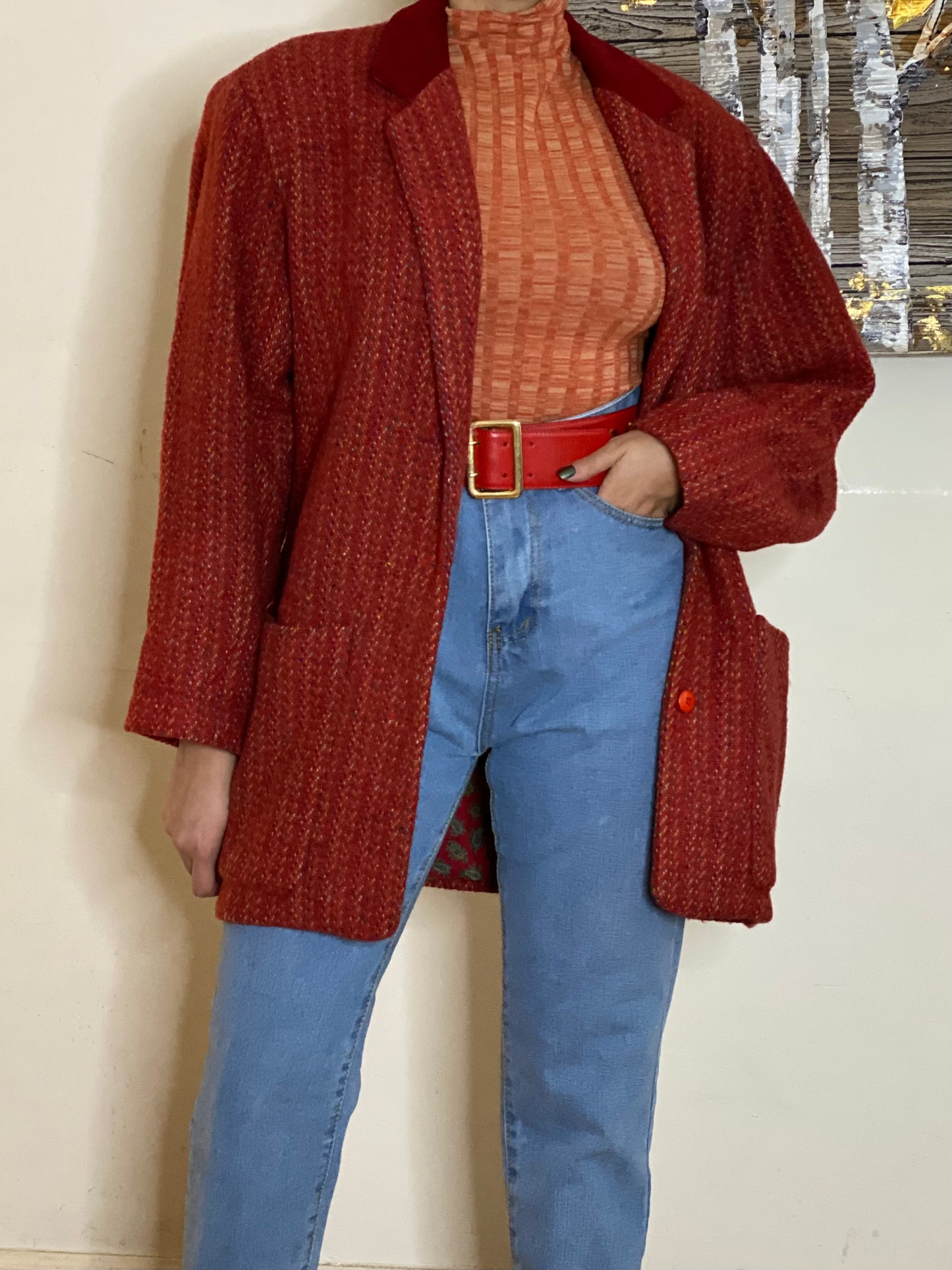 90's Velvet Neck Oversized Jacket (S)