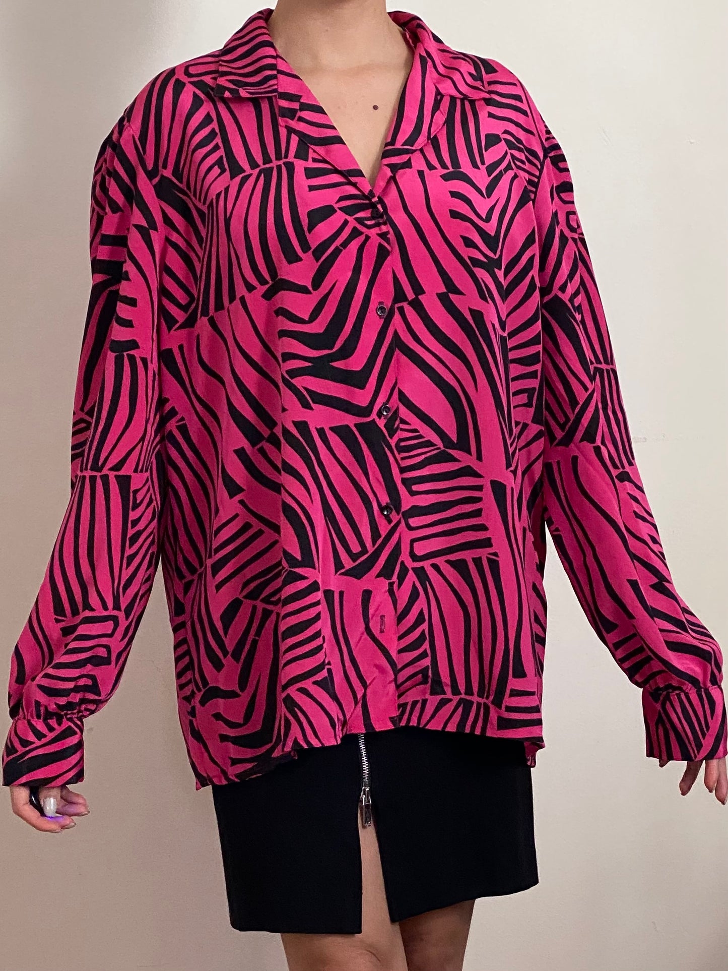 80's Fuchsia Tiger Print Oversized Blouse (XL)