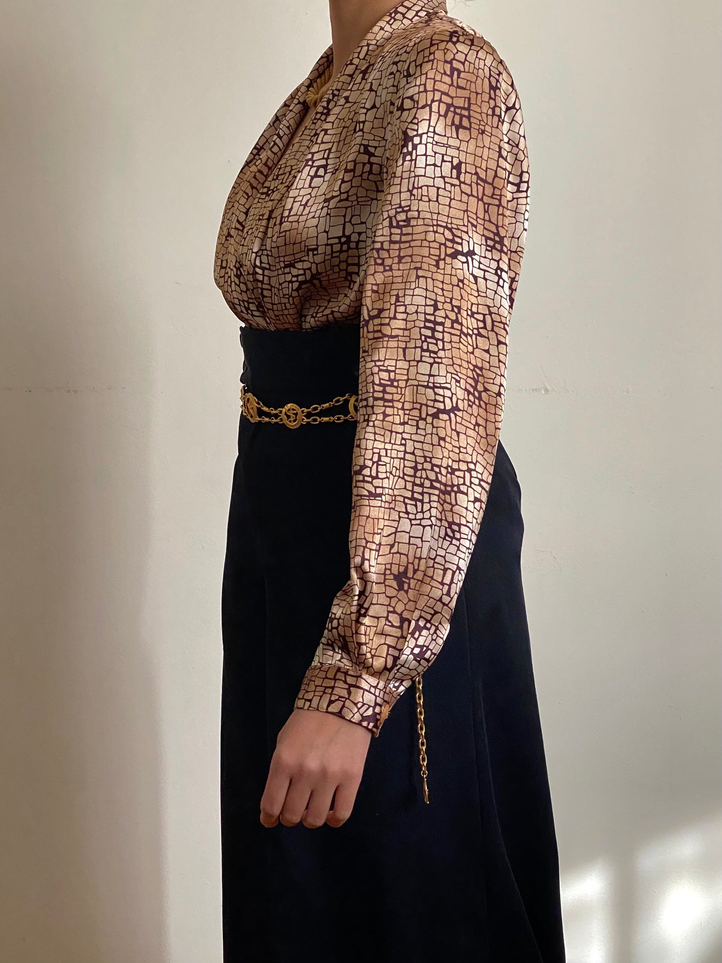 80's Golden Brown Abstract Draped Blouse (M)