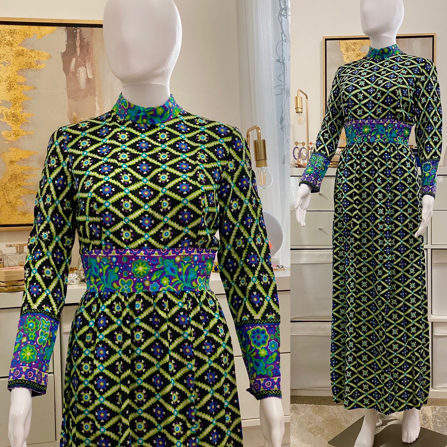 60s-70s Mock Neck Maxi Dress Abstract Neon Colors Cotton (XS-S)