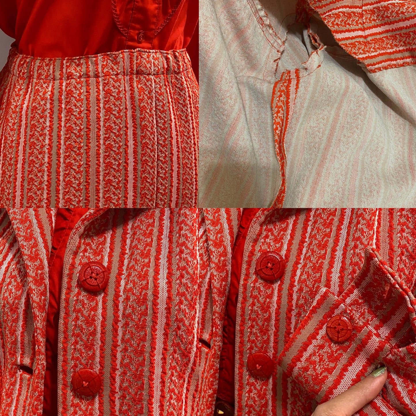 60's-70's Red Stripes Texturized 2PC Pantsuit (XS-S)