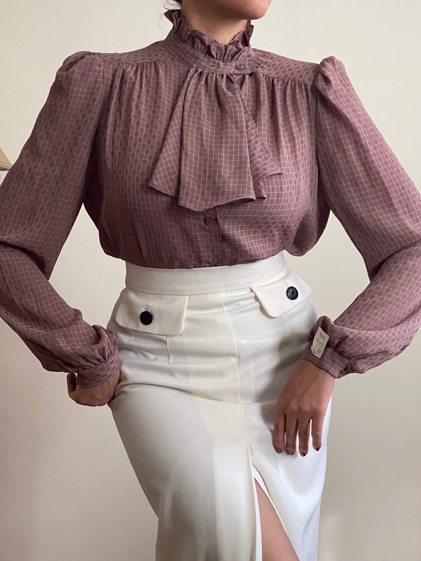 80's NWT Ascot/Jabot Bow Long Sleeve Blouse (L)