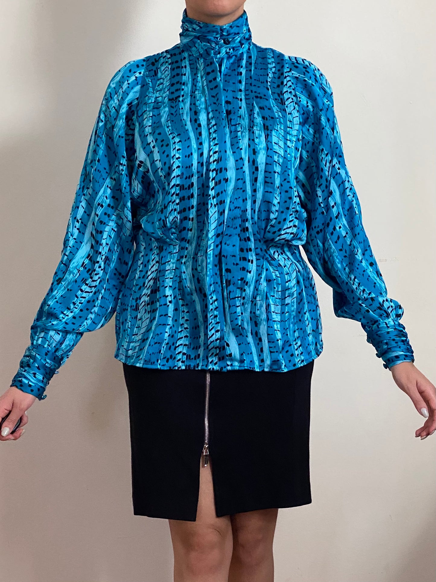 80's Abstract High Mock Neck Button Down Blouse (M)