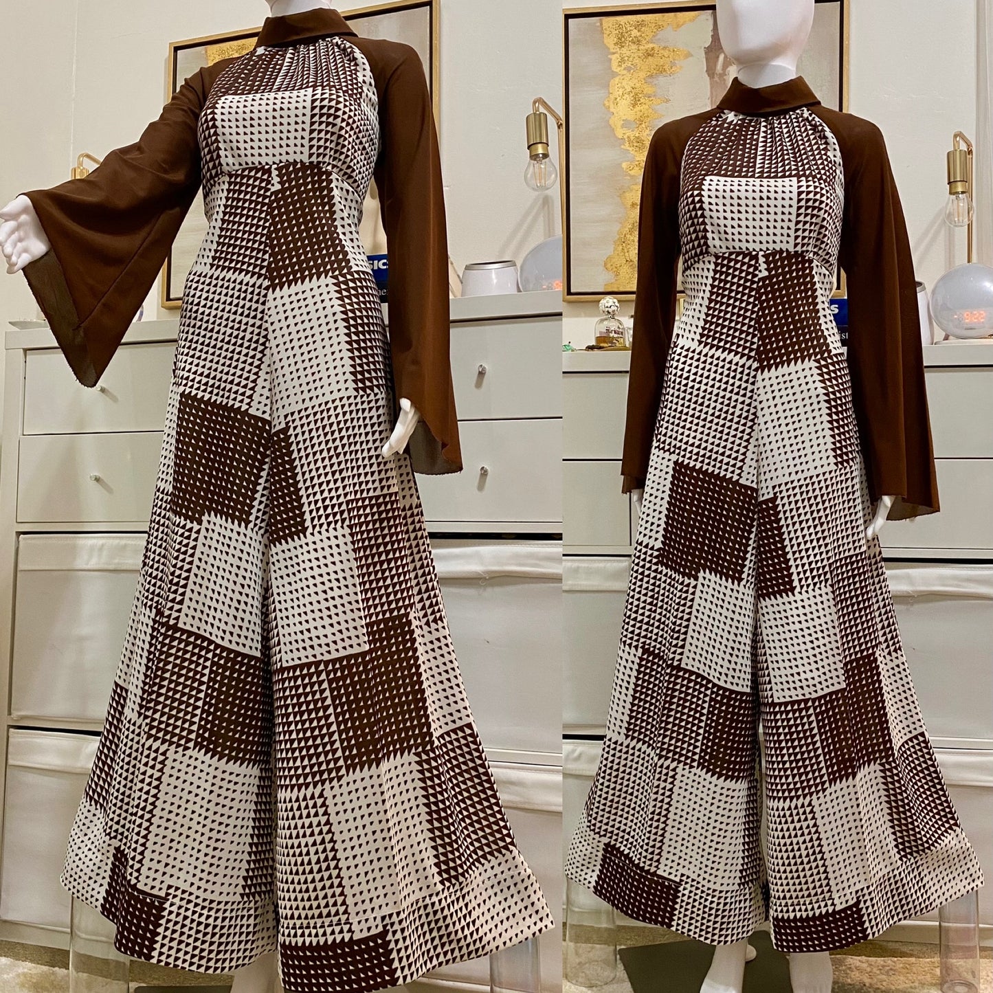 70's Brown Patchwork Mesh Bell Bottom Jumpsuit (M-L)