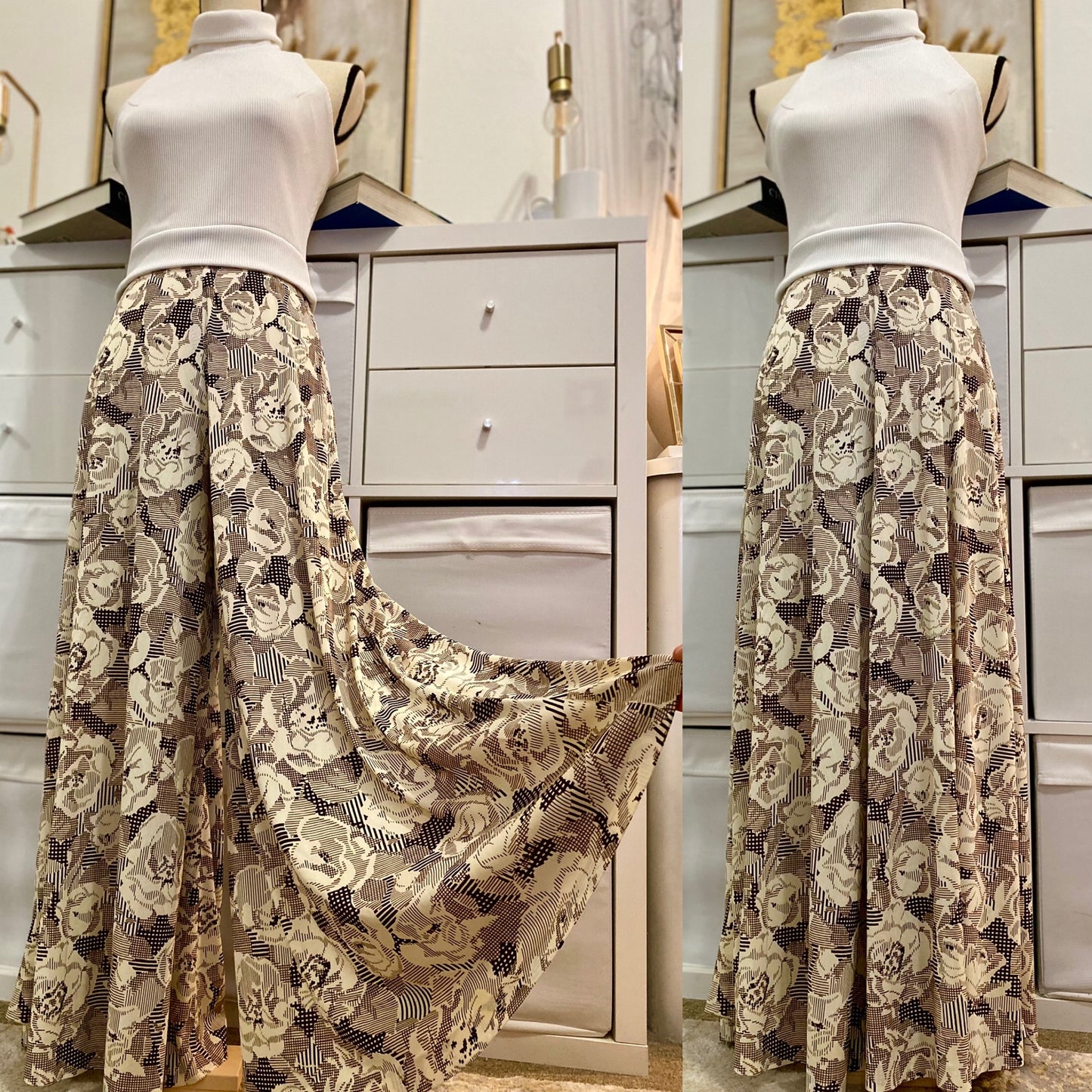 70s BROWN & CREAM ROSE PALAZZO JUMPSUIT (S-M)