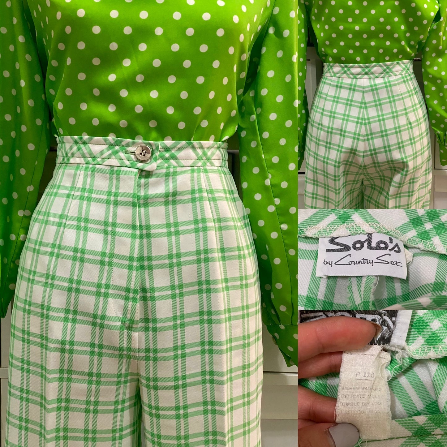 70s Green Plaid 2pc Pantsuit - Cropped Jacket & Bell Bottoms (S)