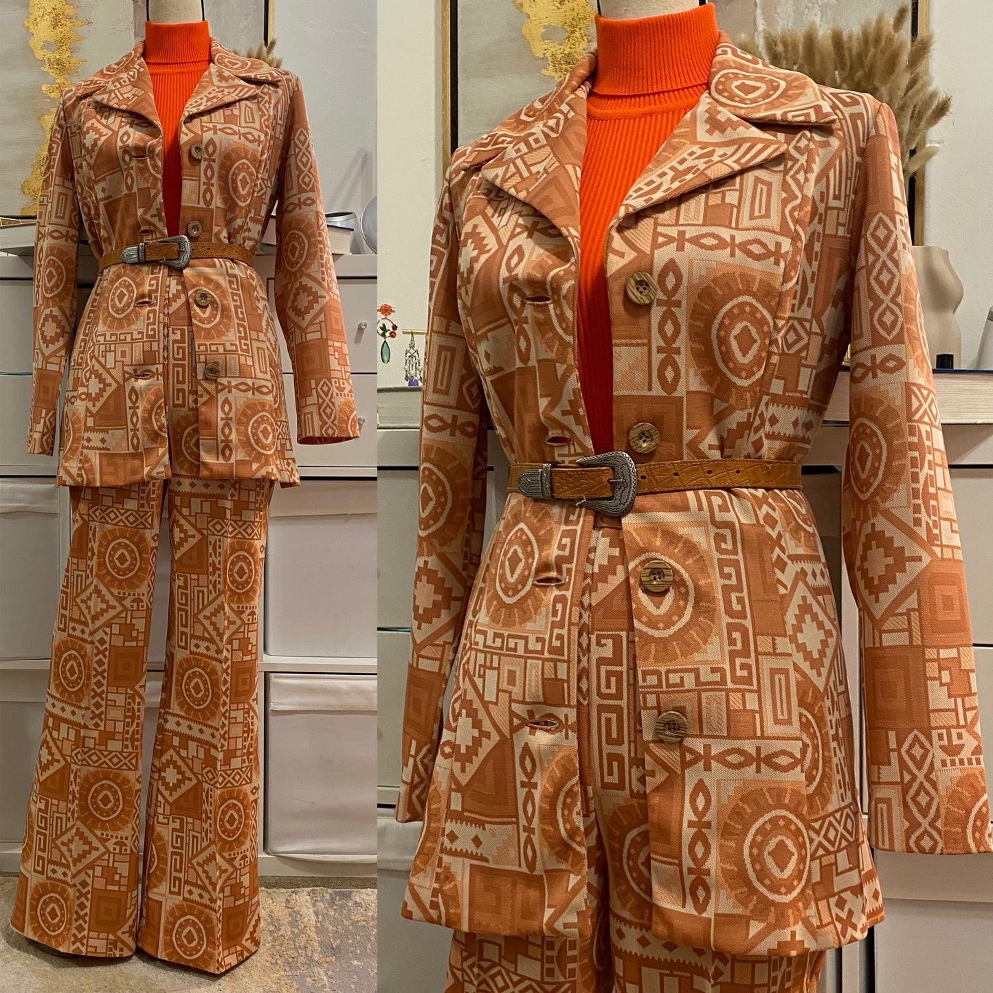 60's-70's Abstract Geometric 2Pc Wide Leg Pantsuit (M-L)