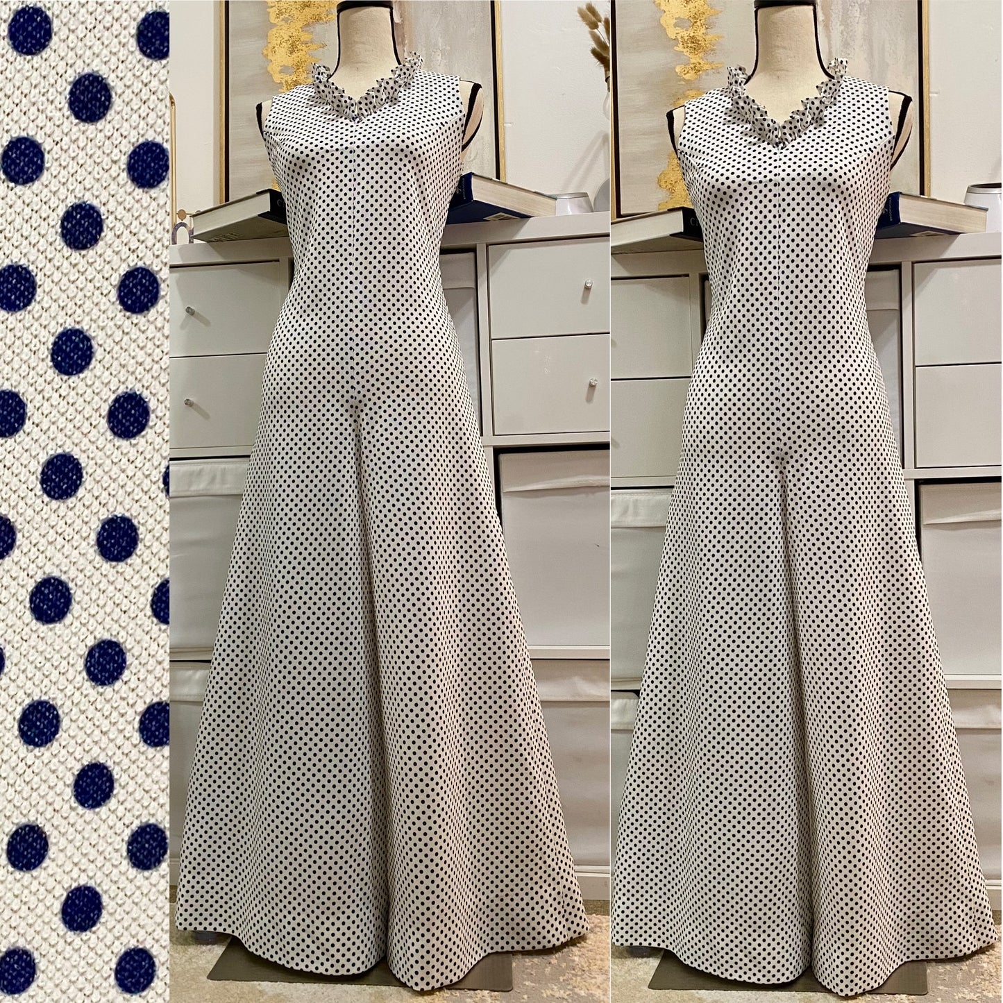 70's Blue Polka Dot Insane Bell Bottom Ruffle Jumpsuit (M-L)