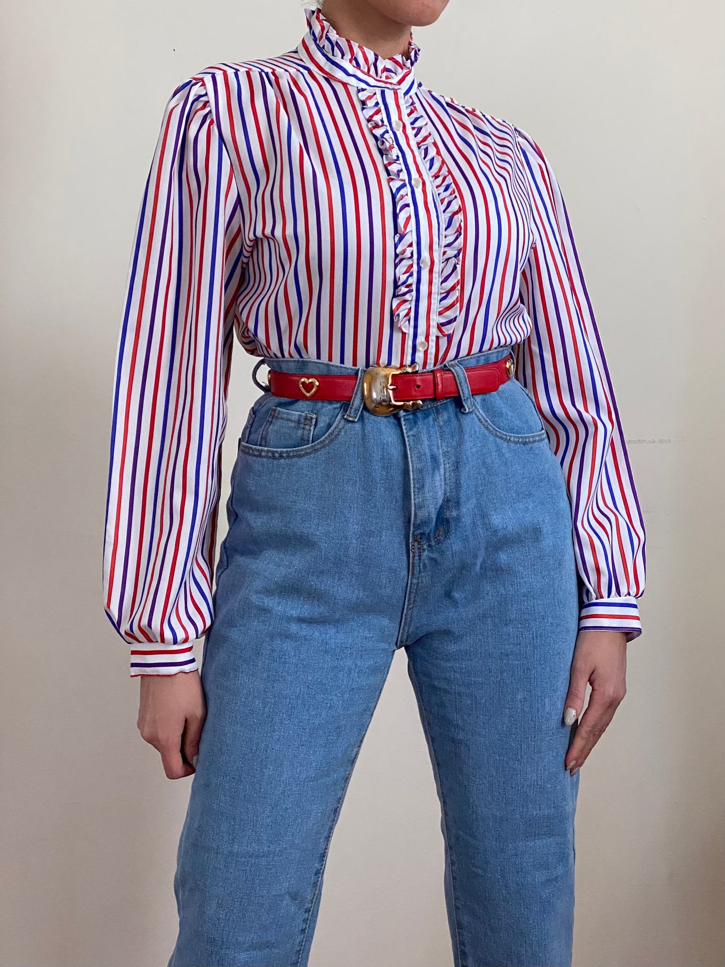 70's Striped Ruffle Long Puffy Sleeve Top (S-M)