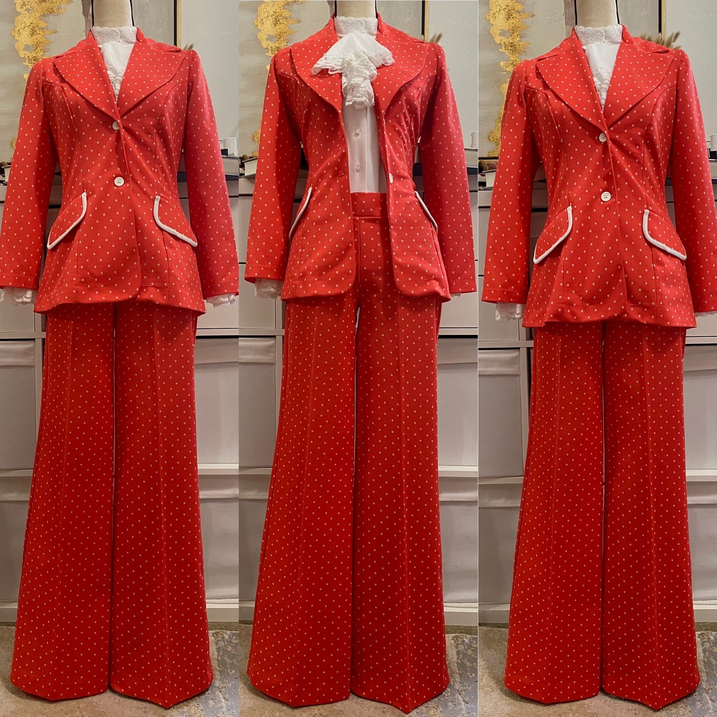70's Polka Dot Mid-Low Rise Wide Leg Pantsuit (S)