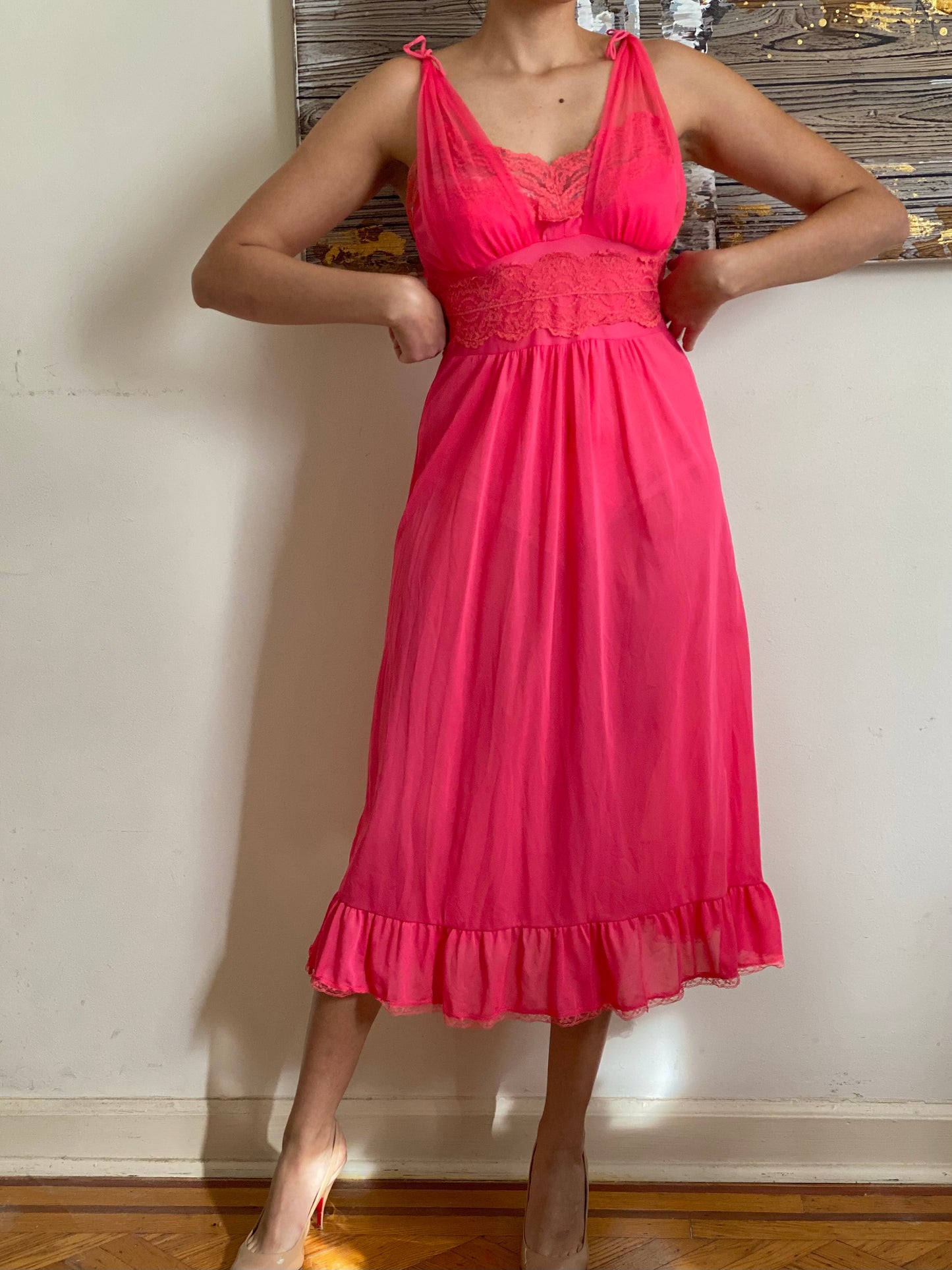 60's Pink Lace Full Slip Dress (S-34)