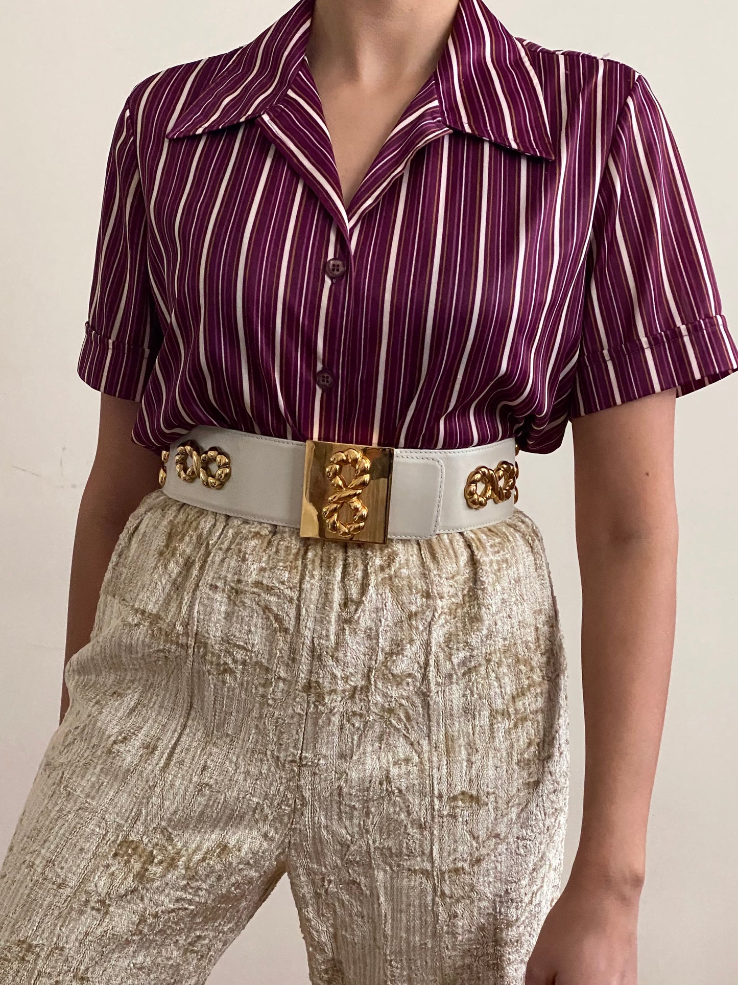 70's Striped Short Sleeve Button Up Top (M)
