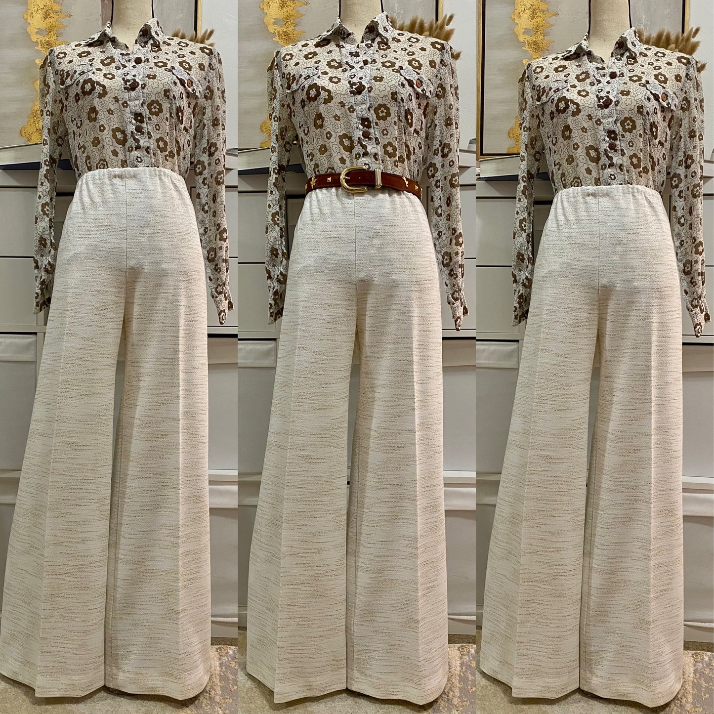 70’s Cream & Brown 2pc Pantsuit; Jacket Shirt & Wide Leg Bottoms (L)
