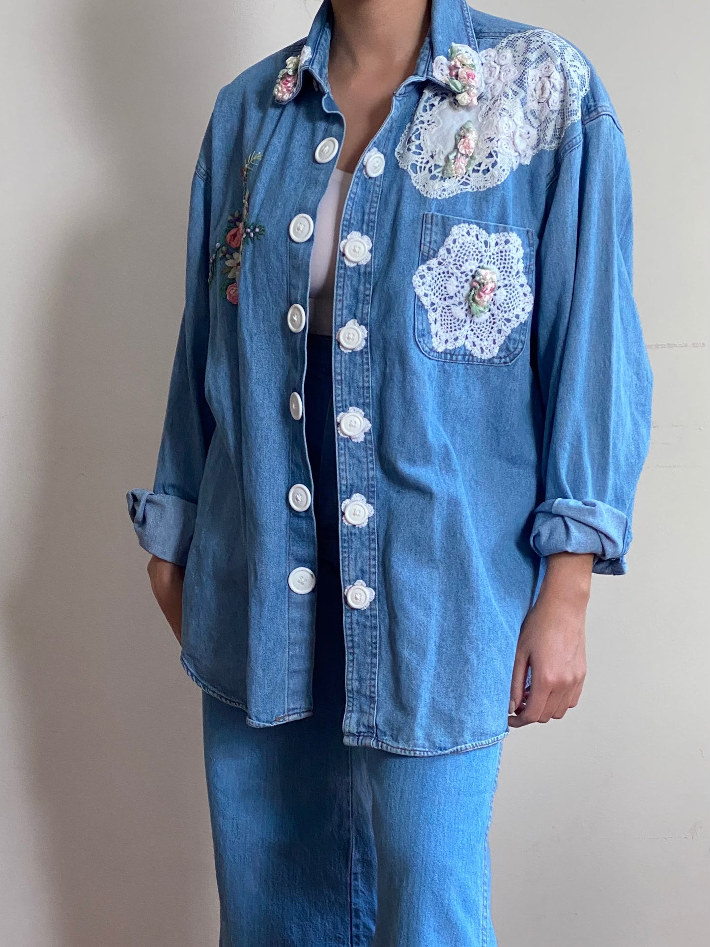 80's Lace & Crotchet Denim Jacket (L)