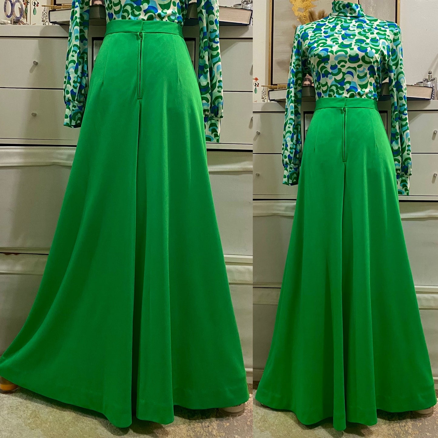 70's Green High Rise Palazzo Flare Pants (S, 26"-27"W)