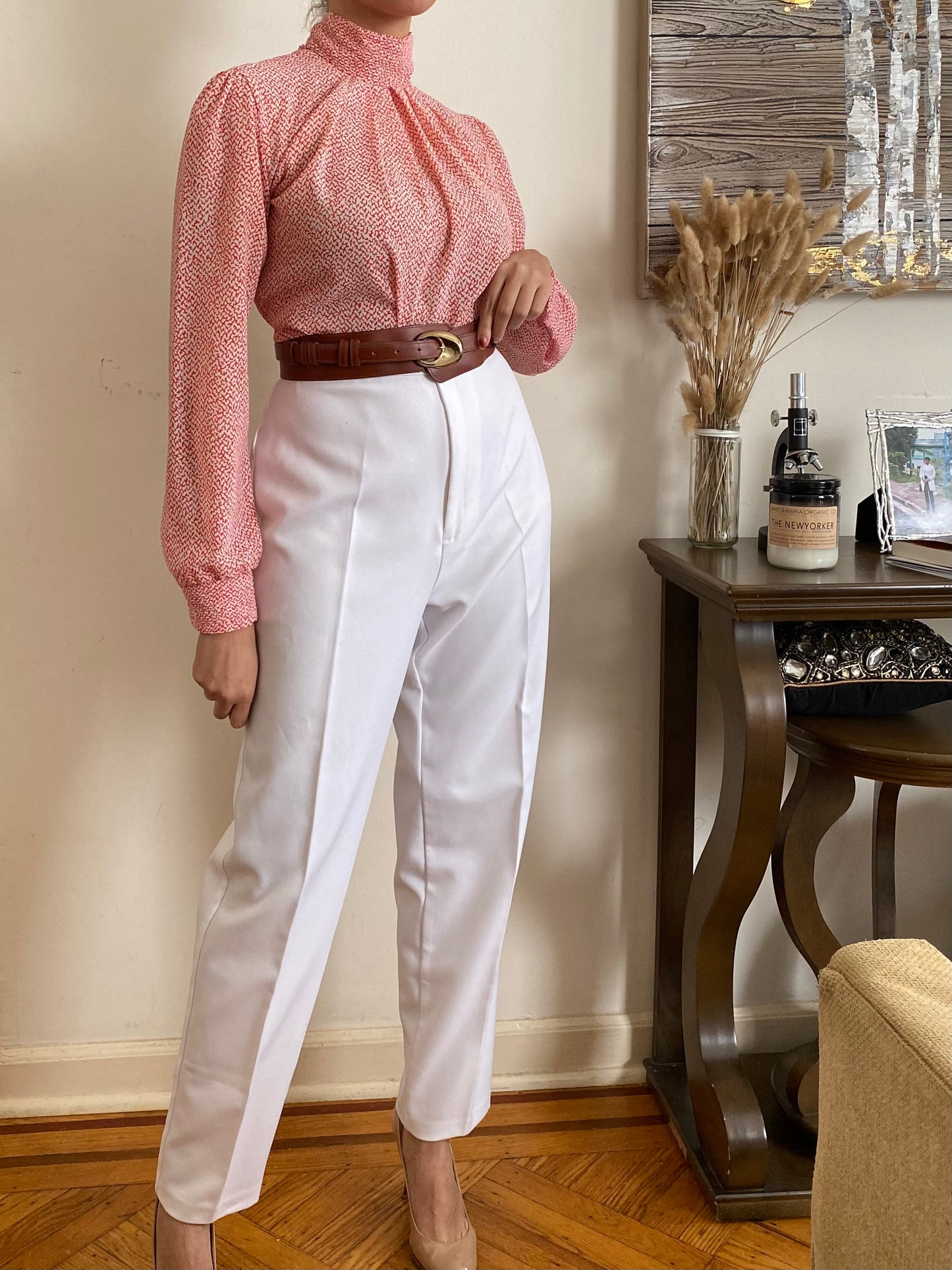 Abstract High Ruched Mock Neck, Long Sleeve Blouse (S)